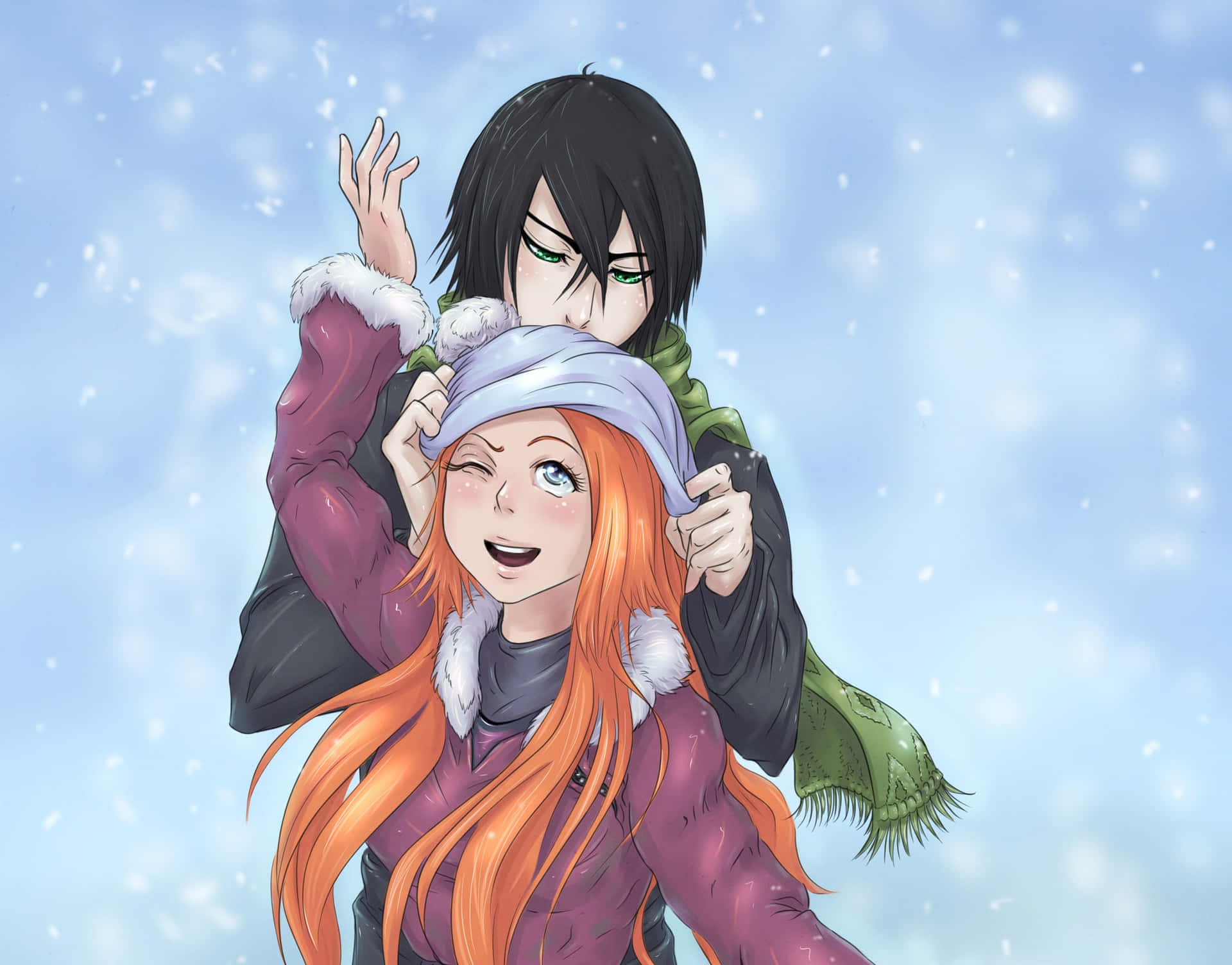 Orihime Inoue 桌布 壁紙 — 一個開心的動畫女孩，橙色頭髮，笑著，一個黑髮男孩在雪藍色的天空下頑皮地調整她的帽子。