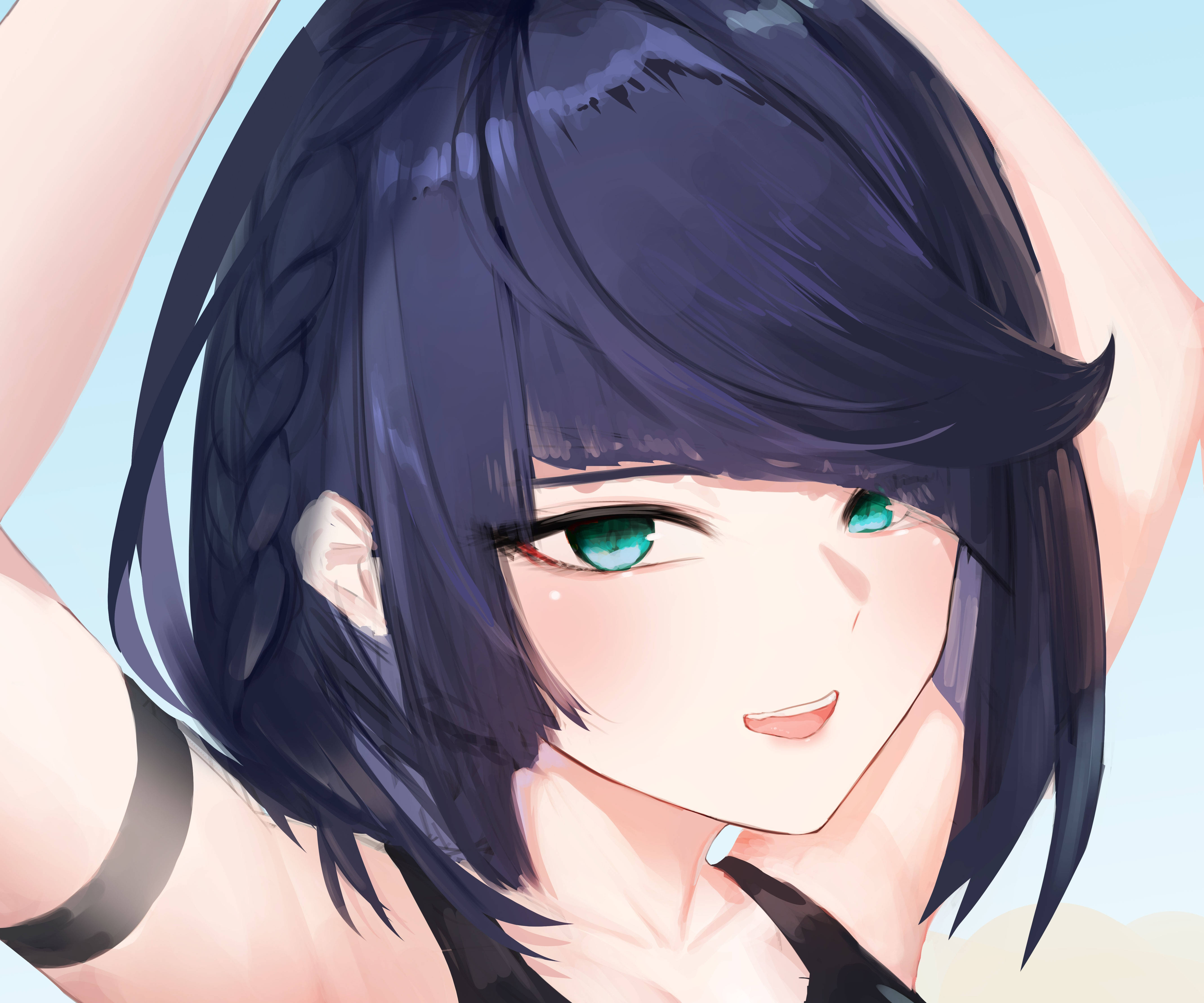 原神 蘇蘋 桌布 壁紙 — 一個開心的動畫女孩，深色辮子頭髮和充滿活力的綠色眼睛，微笑著舉起雙臂，背景是柔和的藍天。