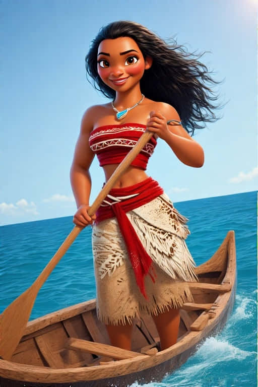 Oceanic Adventure Moana 4K 壁紙 — 一個開心的動畫女孩，深色頭髮，在晴朗的天空下划著木製獨木舟穿越明亮的藍色海洋。