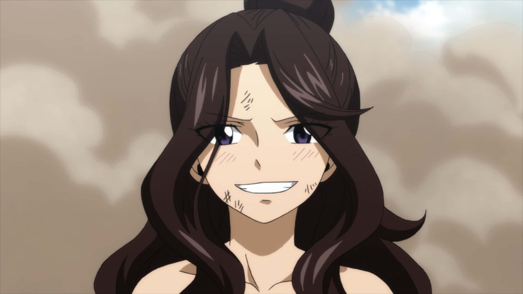 Cana Alberona 桌布 壁紙 — 一個開心的動畫女孩，深色頭髮和紫色眼睛，在陰天背景中微笑。