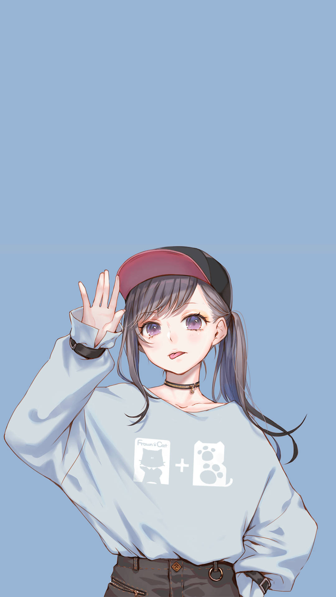 美學 桌布 壁紙 — 一個開心的動畫女孩，灰色頭髮，戴紅色帽子，在純藍色背景前向觀眾揮手。