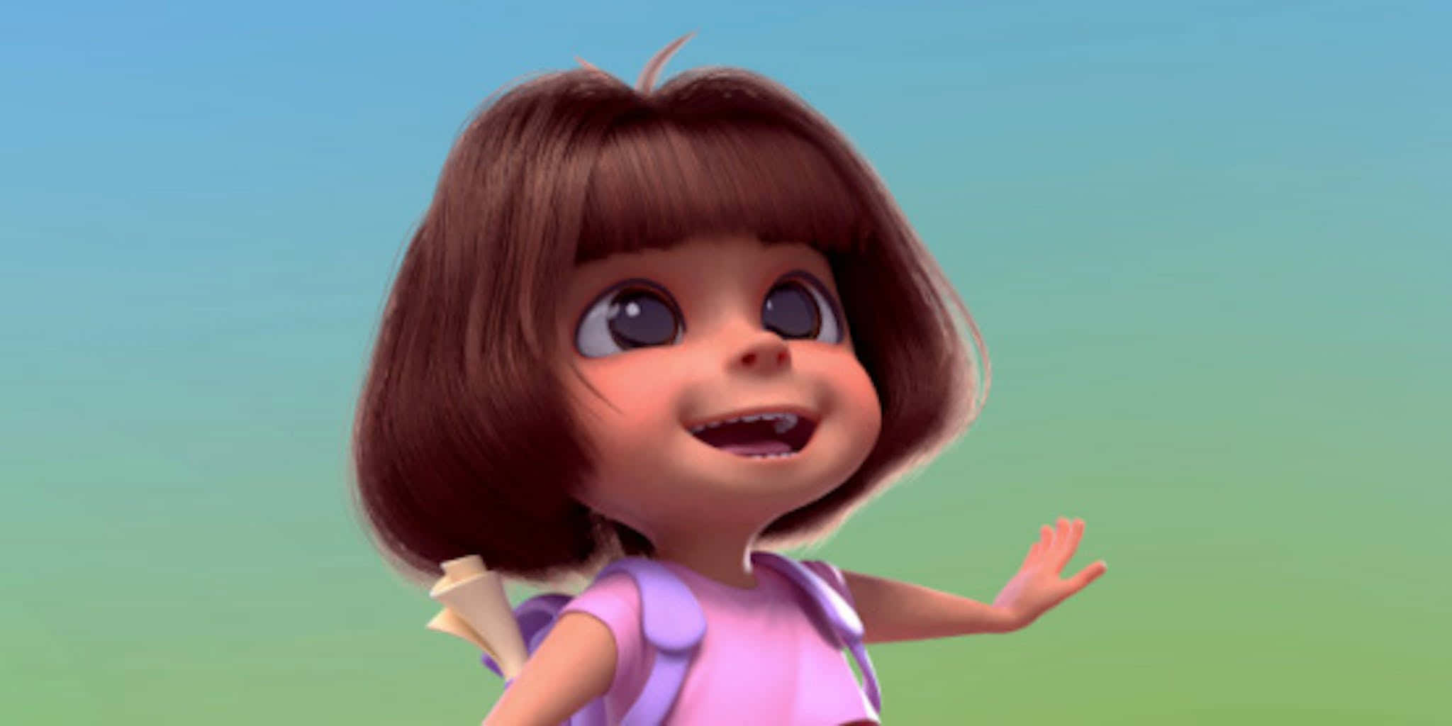 Dora 桌布 壁紙 — 一個開心的動畫女孩，留著棕色鮑伯頭，背著紫色背包，在柔和漸變的天空下愉快地揮手。
