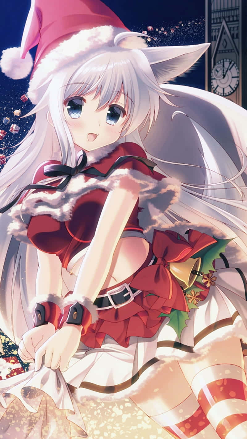 精靈 桌布 壁紙 — 一個開心的動畫女孩，白髮和狐狸耳朵，穿著紅色聖誕老人服裝，背景是雪夜和鐘樓。