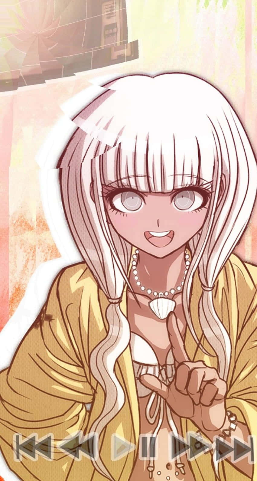 Danganronpa 桌布 壁紙 — 一個開心的動畫女孩，白髮黃袍，微笑著指向觀眾。