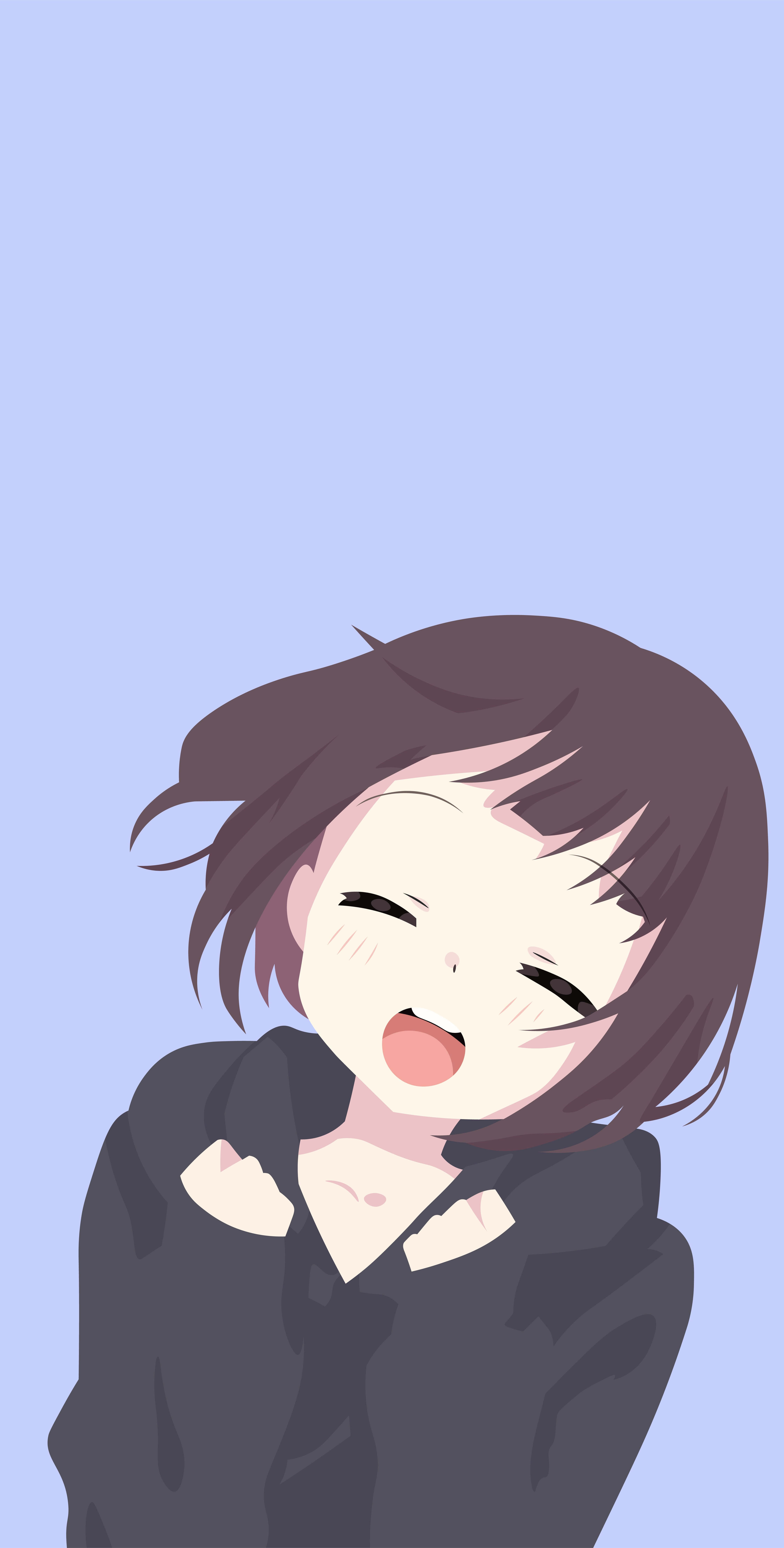 Menhera Chan 桌布 壁紙 — 一個開心的動畫女孩，短棕色頭髮，在柔和的薰衣草背景前開懷大笑。