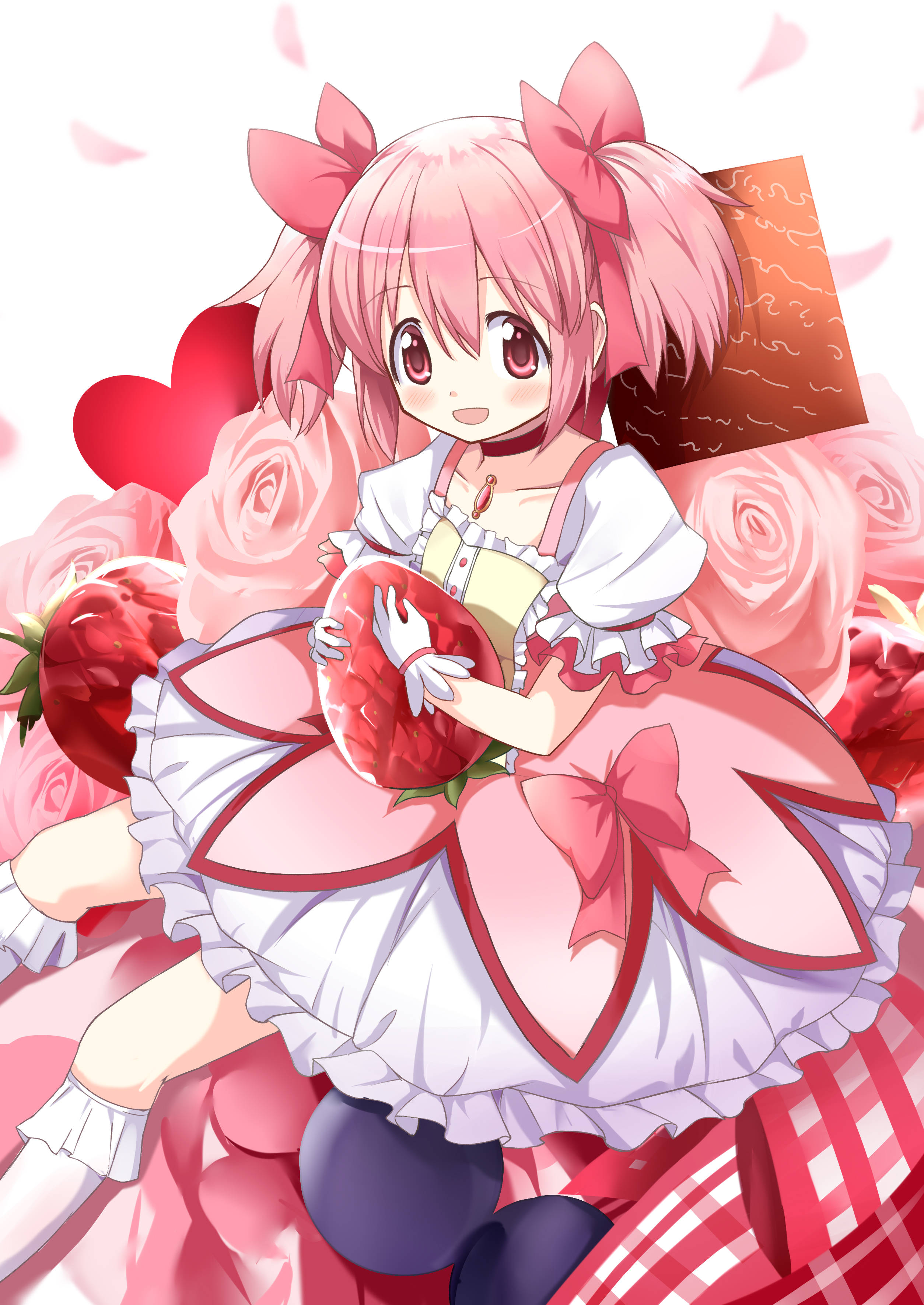 Madoka 桌布 壁紙 — 一個開心的動畫女孩，粉紅色頭髮和蝴蝶結，拿著一個被玫瑰和心形包圍的巨大草莓。