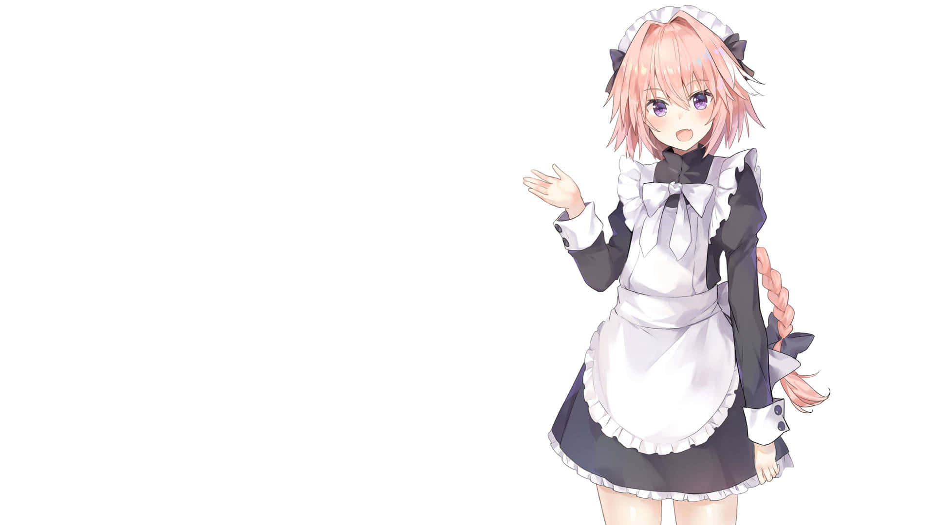 Astolfo 桌布 壁紙 — 一個開心的動畫女孩，粉紅色頭髮和紫色眼睛，穿著詳細的女僕裝，有白色荷葉邊和黑色蝴蝶結，背景是純白色。