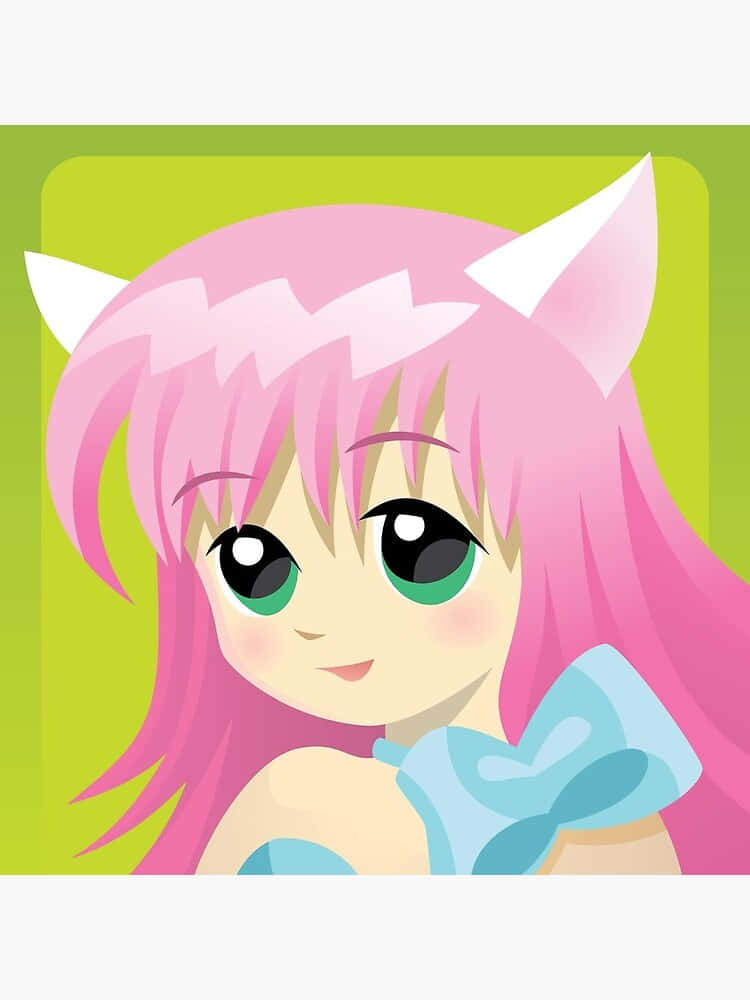 Xbox 360 Gamer 桌布 壁紙 — 一個開心的動畫女孩，粉紅色頭髮和貓耳朵，戴著藍色蝴蝶結，背景是萊姆綠色。