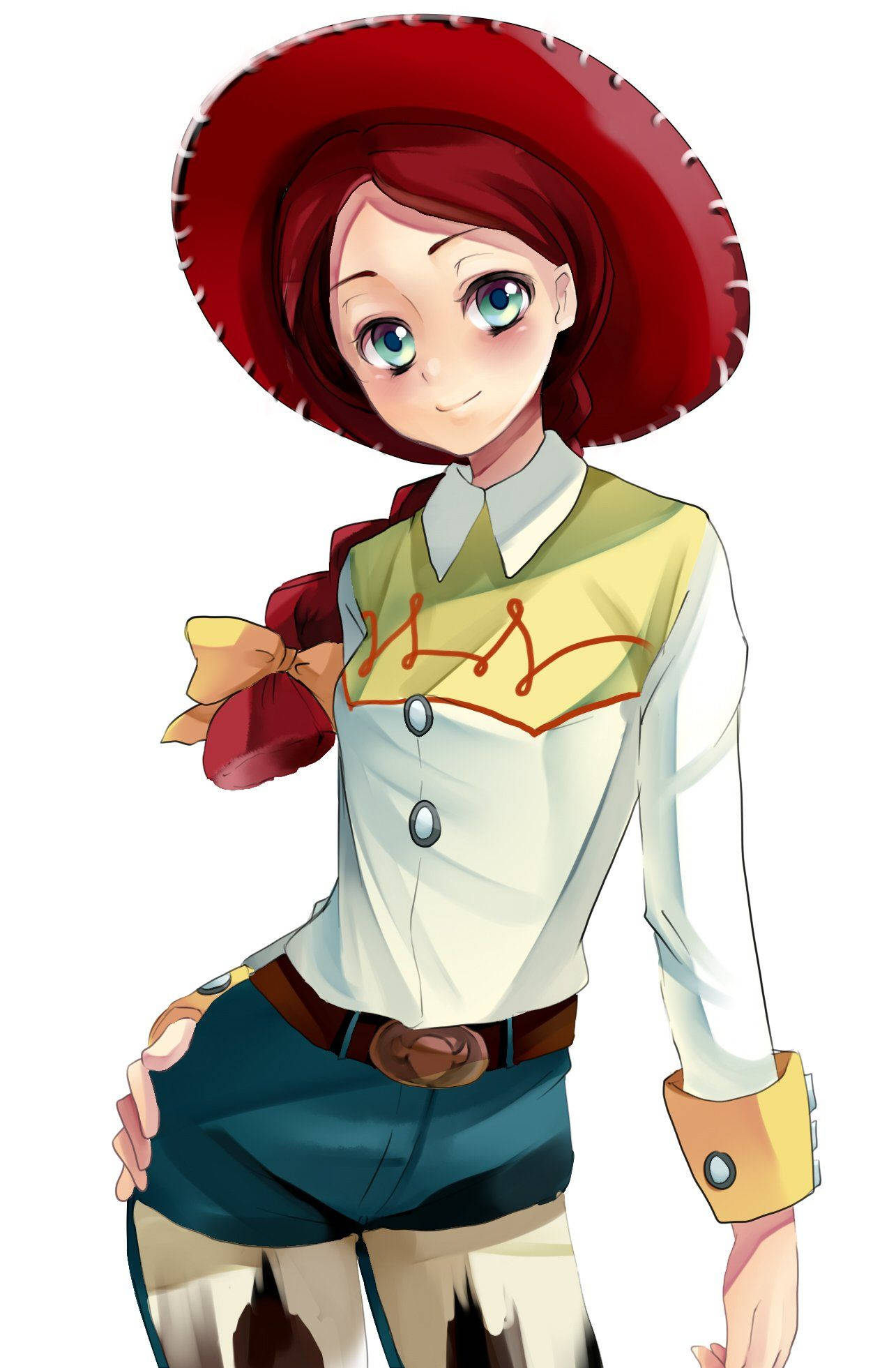Jessie 桌布 壁紙 — 一個開心的動畫女孩，紅頭髮，戴著寬邊紅帽，穿著帶黃色蝴蝶結的牛仔服裝微笑。