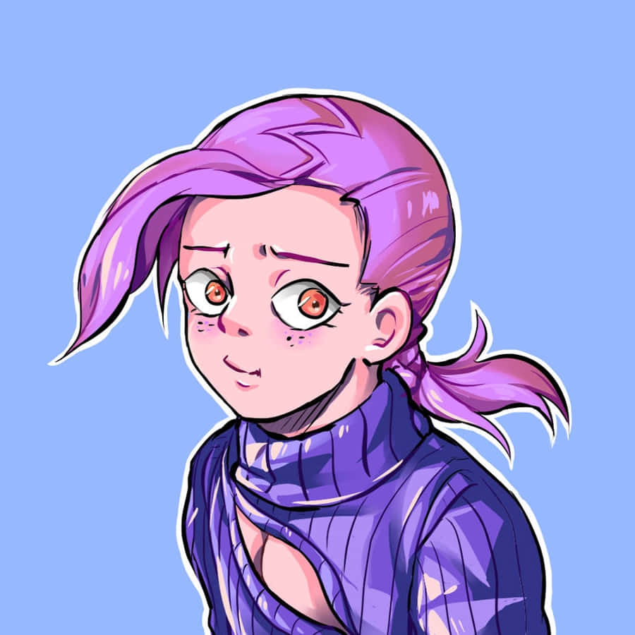 Vinegar Doppio 桌布 壁紙 — 一個開心的動畫女孩，紫色頭髮和橙色眼睛，穿著紫色高領毛衣，在純藍色背景上微笑。