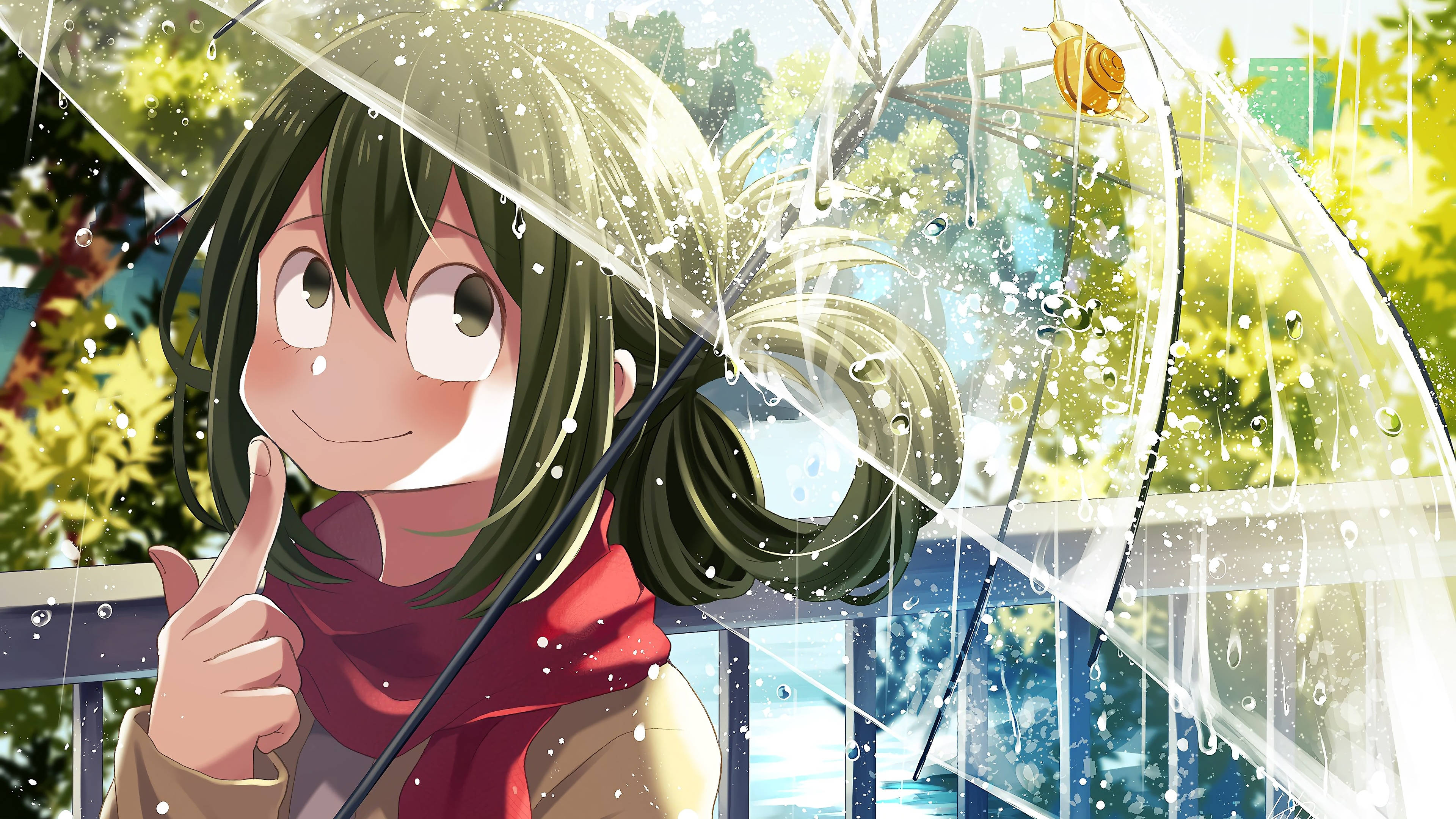 Froppy 桌布 壁紙 — 一個開心的動畫女孩，綠色頭髮，拿著透明雨傘，雨滴在傘面上閃閃發光，背景是明亮的綠色。