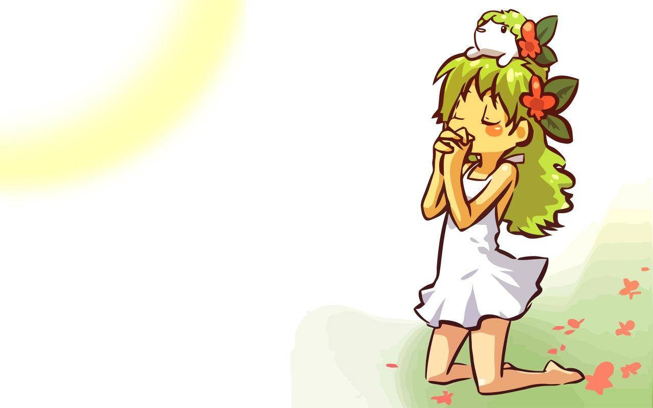 Shaymin 桌布 壁紙 — 一個開心的動畫女孩，綠色頭髮，穿著白色連衣裙，跪在陽光明媚的田野裡，一個白色小生物棲息在她頭上。