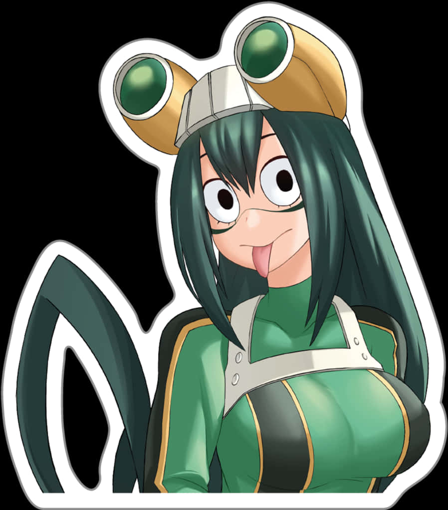 My Hero Academia Anime 桌布 壁紙 — 一個開心的動畫女孩，綠色頭髮和青蛙主題護目鏡，在黑色背景上頑皮地伸出舌頭。