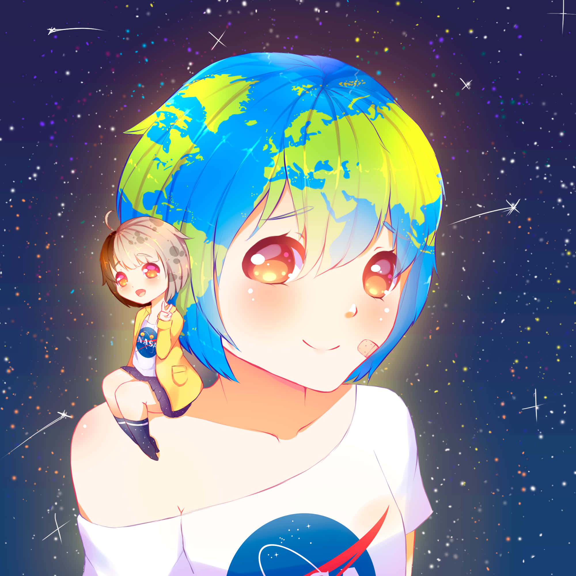 Kawaii Space 桌布 壁紙 — 一個開心的動畫女孩，藍色頭髮形狀像地球，在星空背景下微笑，一個小孩坐在她的肩膀上。