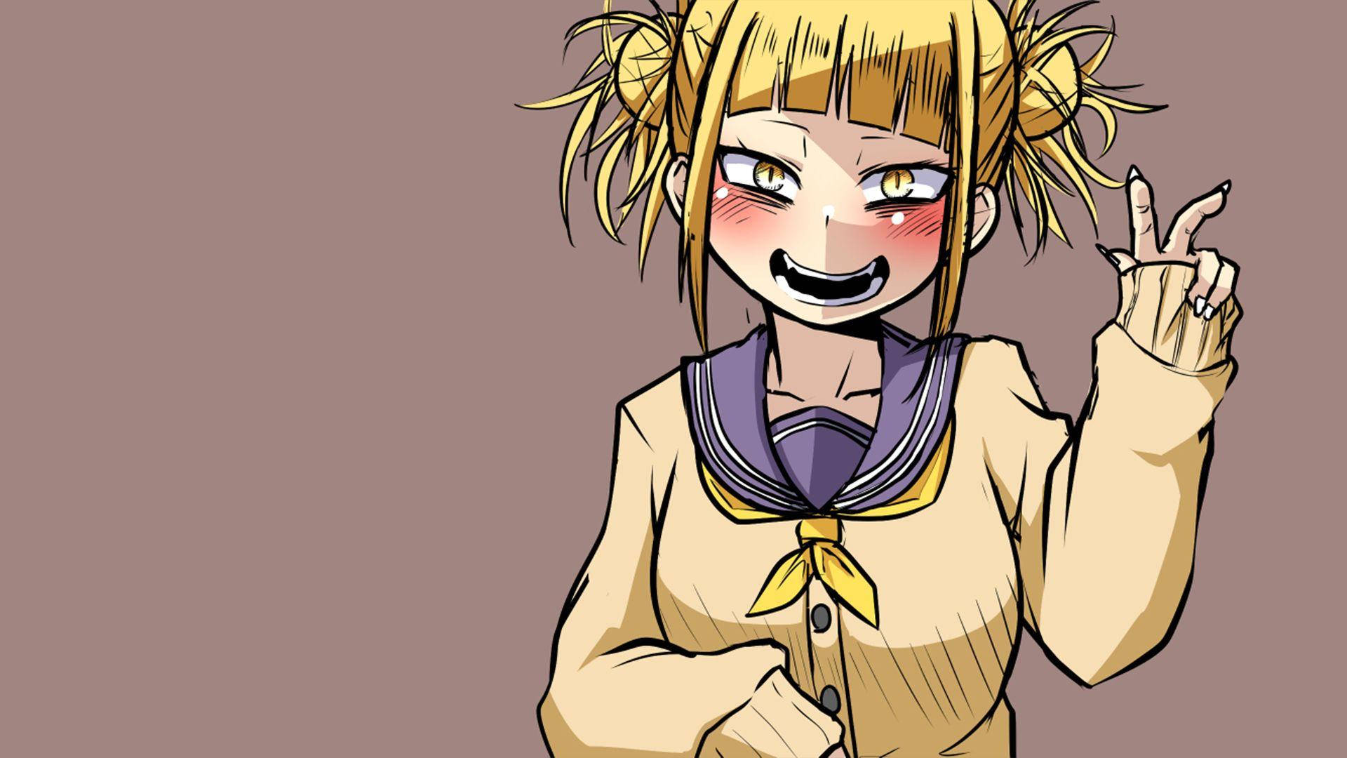 Toga 桌布 壁紙 — 一個開心的動畫女孩，金色雙馬尾，穿著水手服，微笑著比出和平手勢。