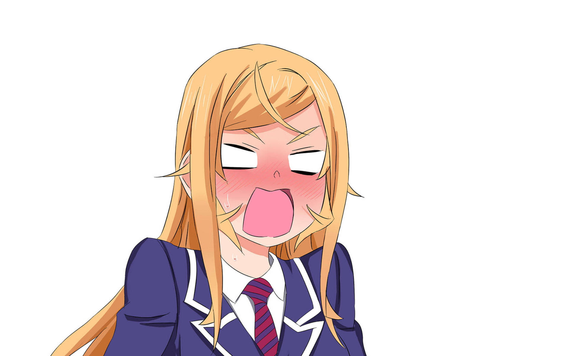 food wars shokugeki no soma 桌布 壁紙 — 一個開心的動畫女孩，金髮，穿著校服，在純白色背景上頑皮地伸出舌頭。