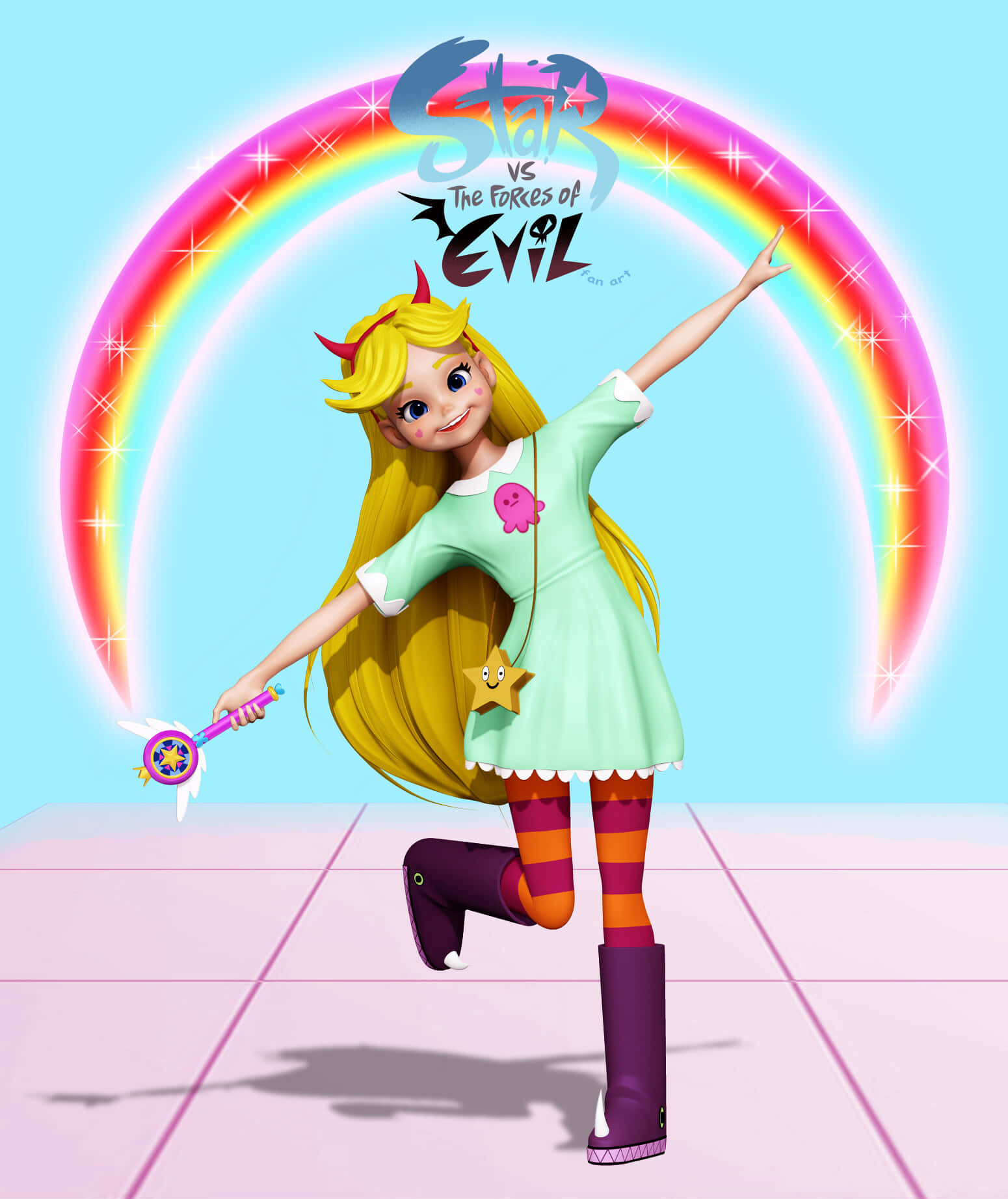 Star Vs The Forces Of Evil 桌布 壁紙 — 一個開心的動畫女孩，金髮和惡魔角，在閃爍的彩虹下跳舞，手持魔法棒。