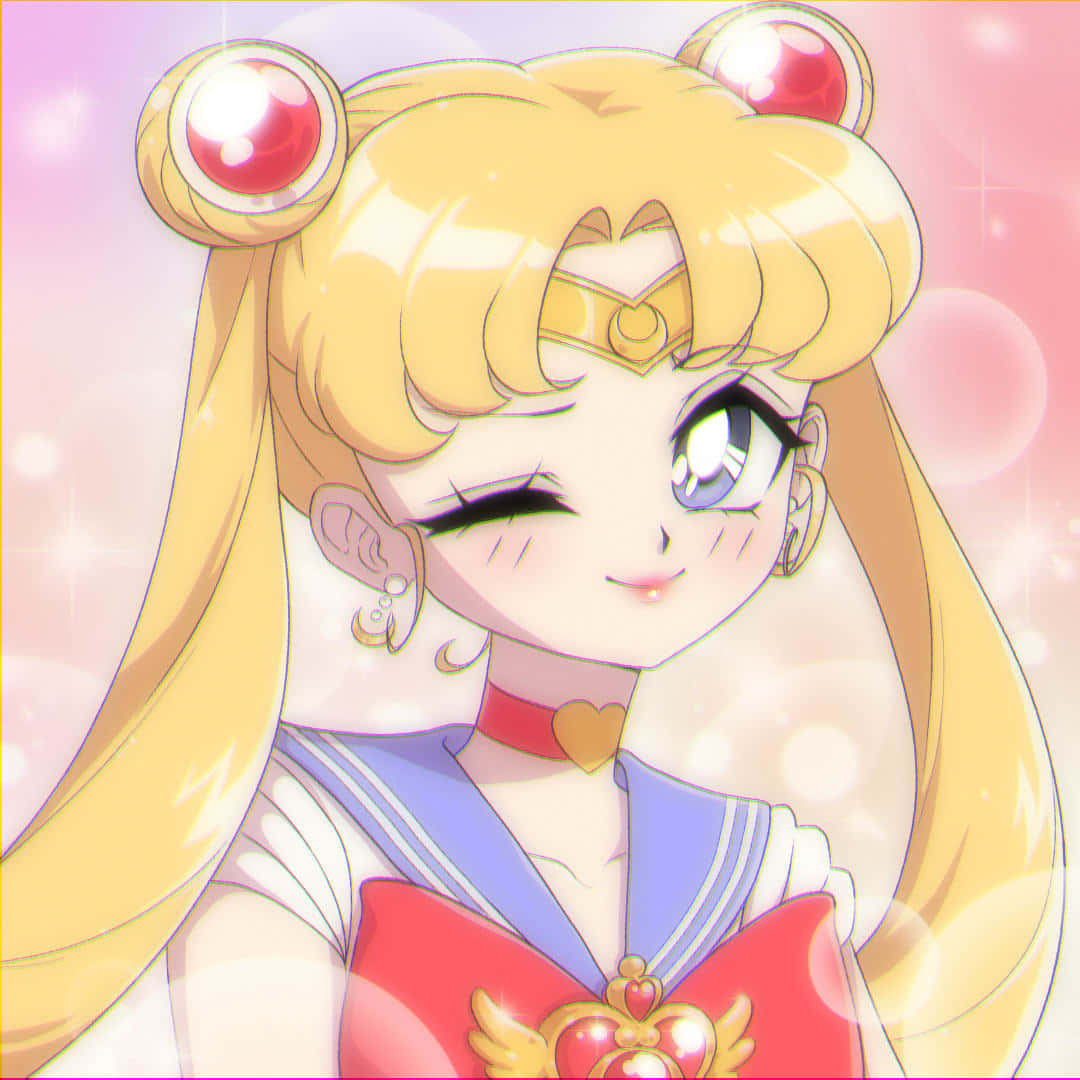 90s Anime 桌布 壁紙 — 一個開心的動畫女孩，金髮和紅色寶石頭帶，閉著一隻眼睛微笑，背景是閃閃發光的粉紅色。