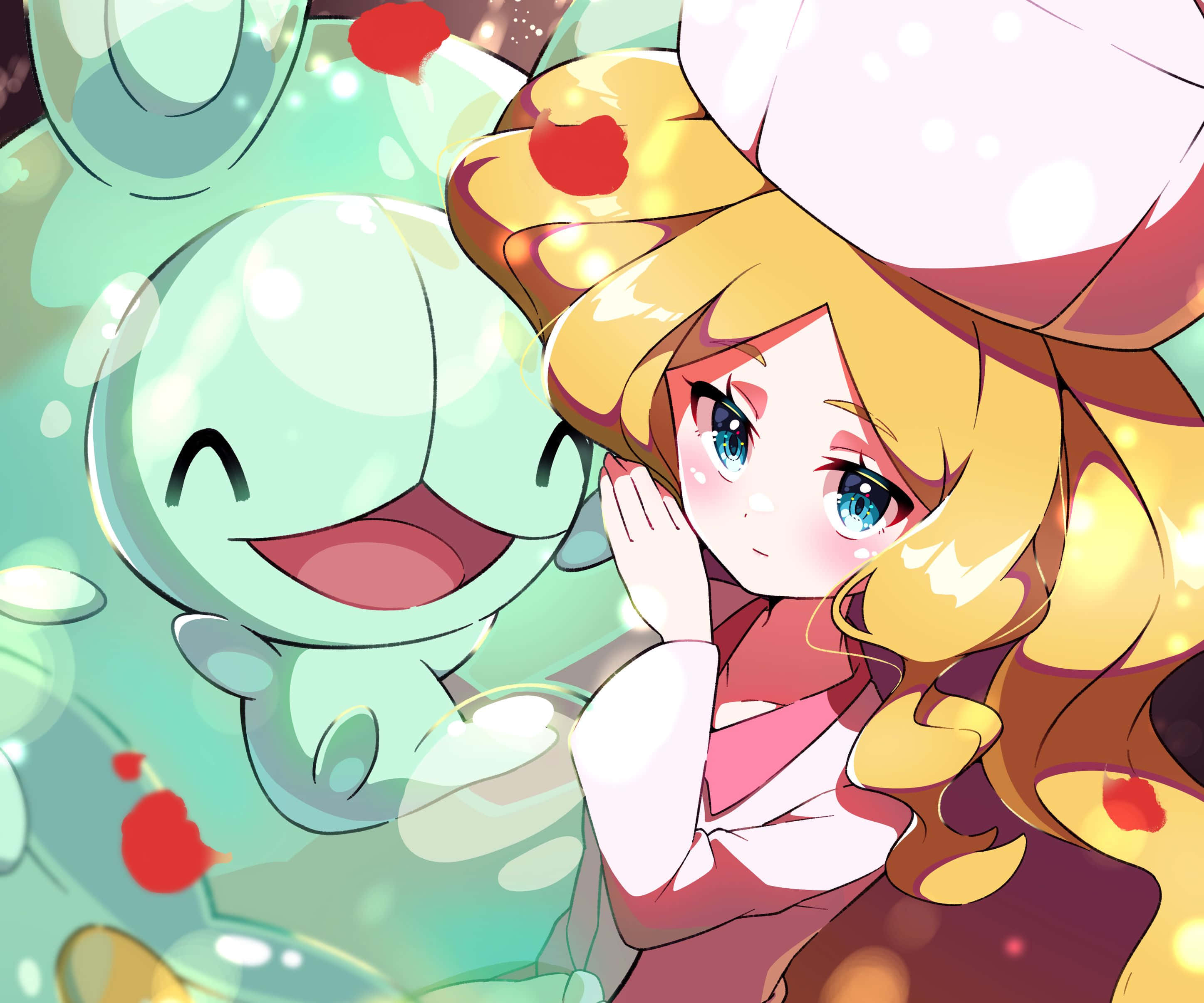 Pokemon Masters 桌布 壁紙 — 一個開心的動畫女孩，金髮戴廚師帽，在充滿發光泡泡的場景中微笑地站在快樂的傑尼龜旁邊。
