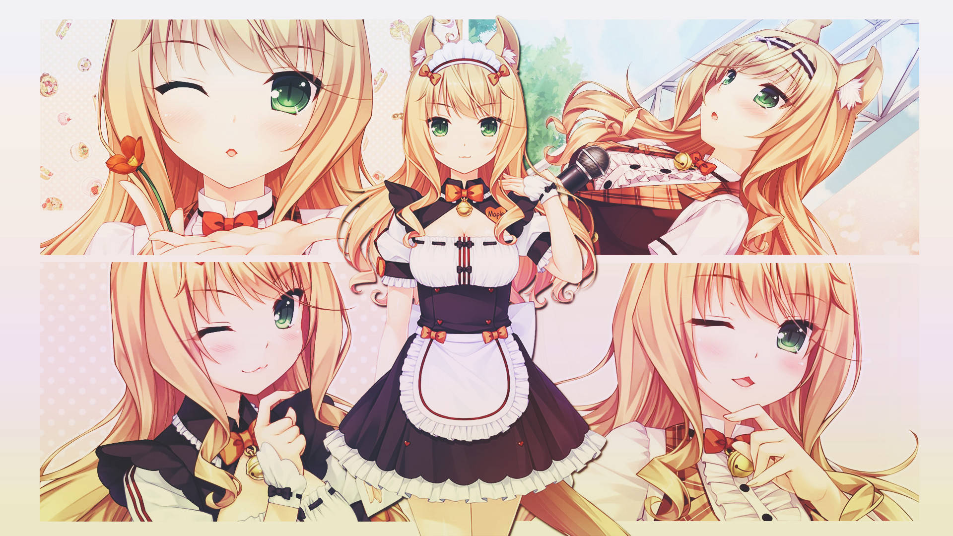 Nekopara 桌布 壁紙 — 一個開心的動畫女孩，金髮綠眼，穿著女僕裝，擺出多個俏皮姿勢。