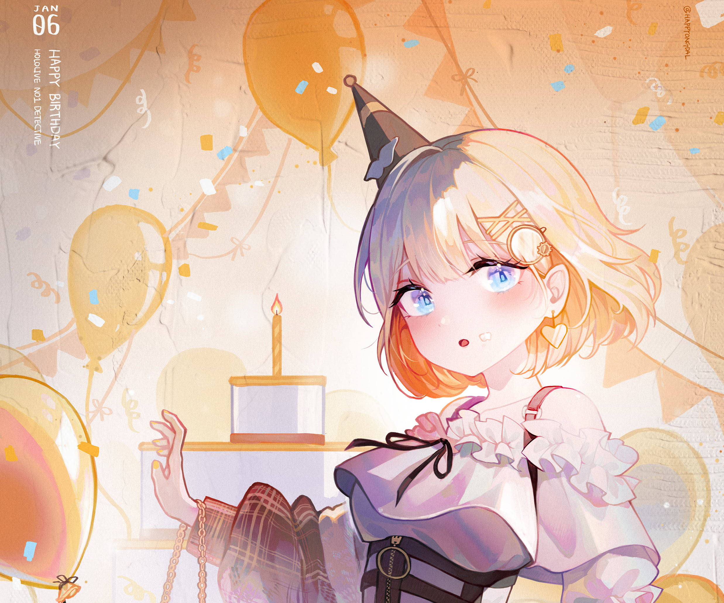 Amelia 桌布 壁紙 — 一個開心的動畫女孩，金髮藍眼，戴著派對帽，凝視著一個插著一根蠟燭的生日蛋糕，周圍是金色氣球和五彩紙屑。
