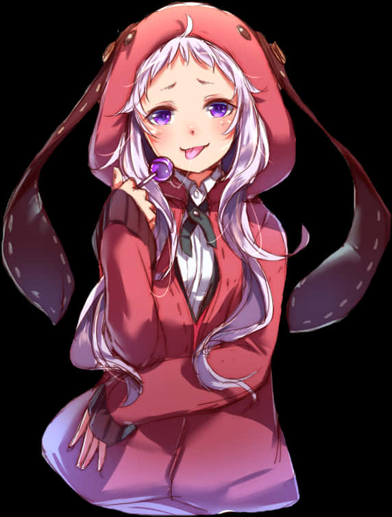 Kakegurui 桌布 壁紙 — 一個開心的動畫女孩，銀色頭髮，紫色眼睛，穿著紅色連帽衫，在黑色背景前拿著棒棒糖。