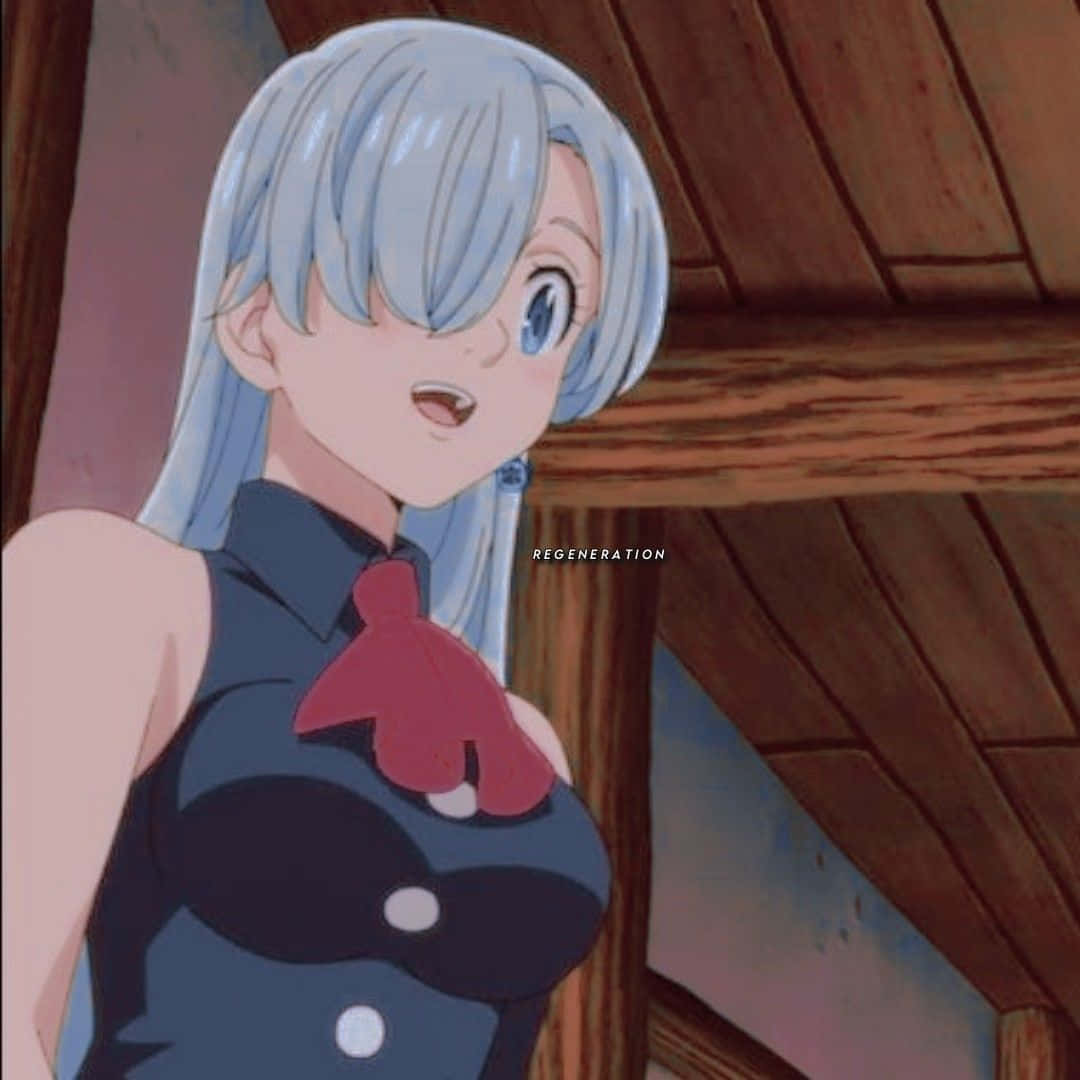 Seven Deadly Sins Elizabeth Liones 桌布 壁紙 — 一個開心的動畫女孩，銀色頭髮和藍色眼睛，微笑著在木製閣樓裡抱著一個紅色毛絨玩具。