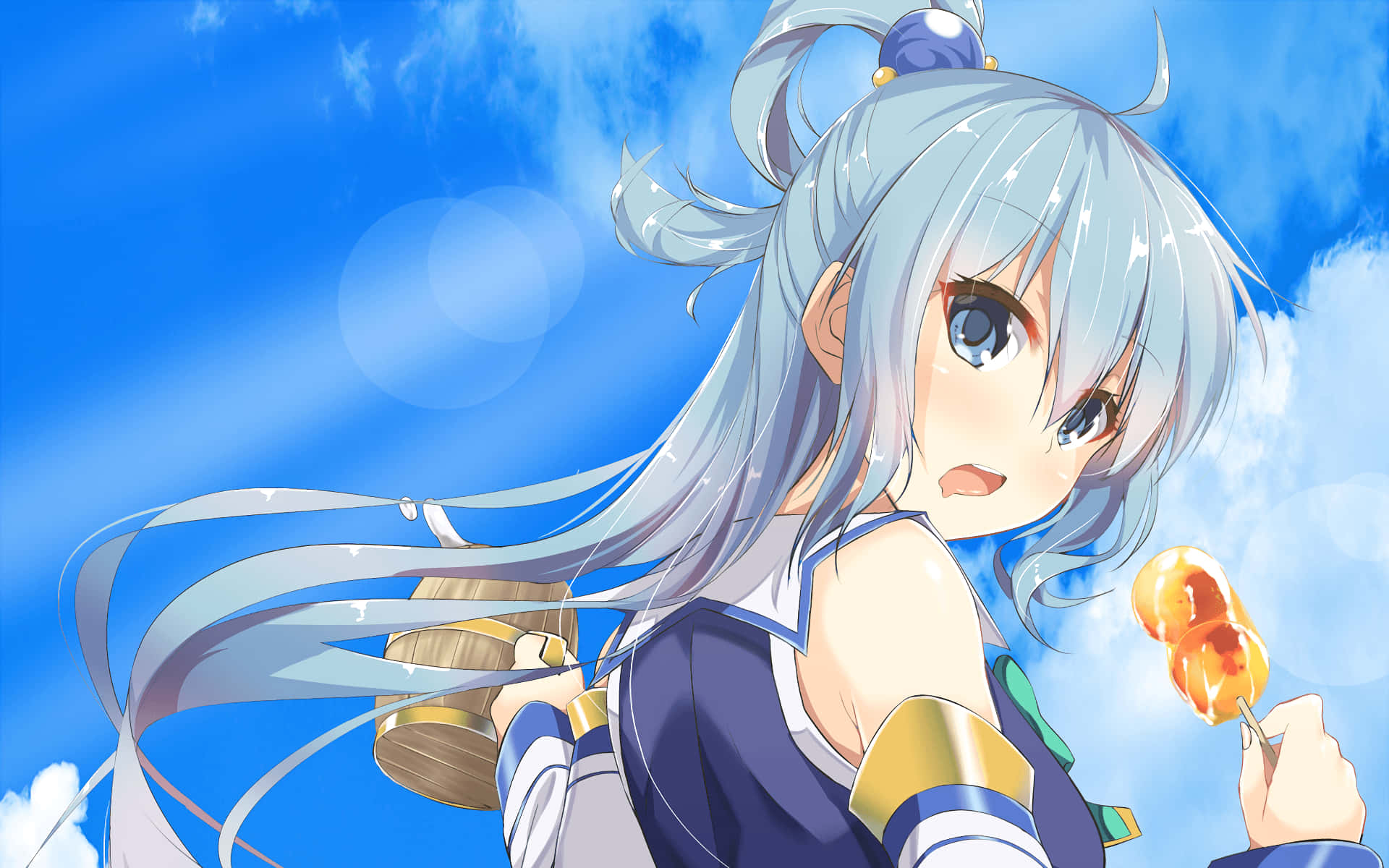 Konosuba 桌布 壁紙 — 一個開心的動畫女孩，銀色頭髮和藍色眼睛，拿著發光的糖果，背景是藍天白雲。