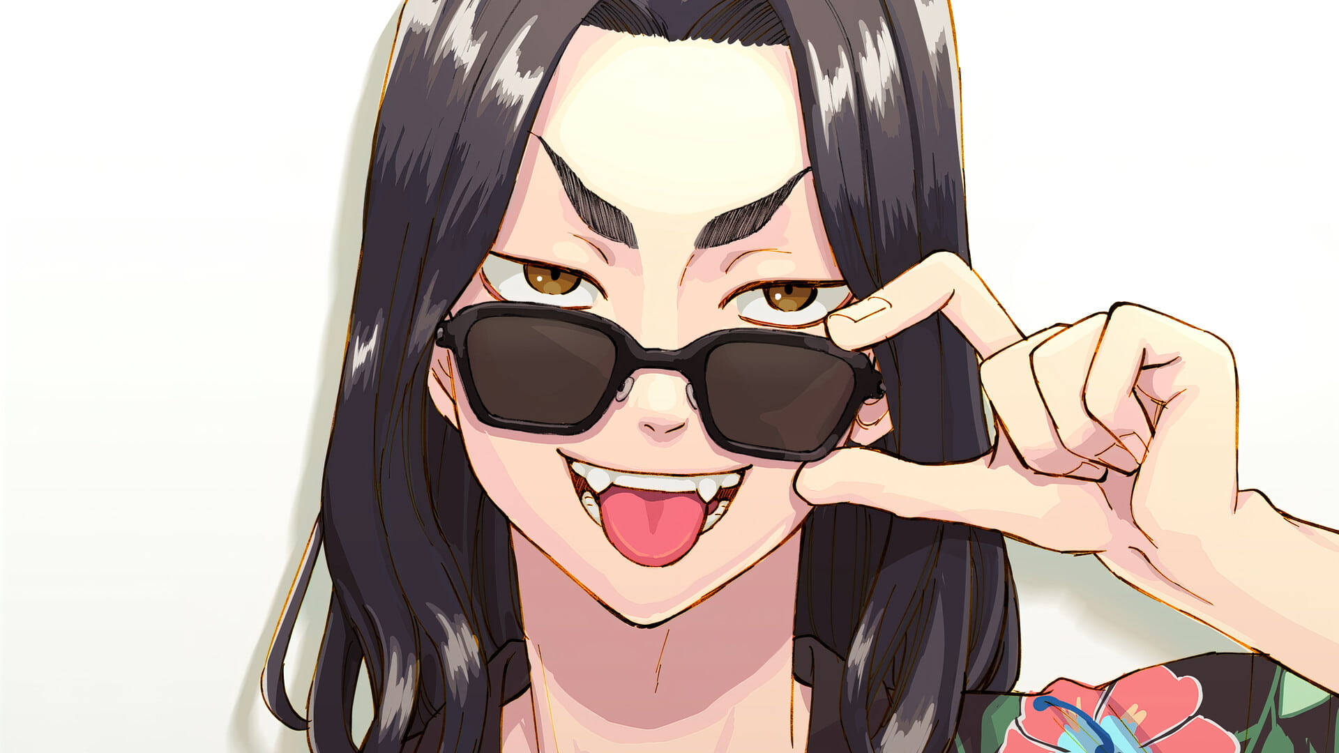 高清 桌布 壁紙 — 一個開心的動畫女孩，長著深色長髮，一邊調整她的黑色太陽眼鏡，一邊頑皮地伸出舌頭。