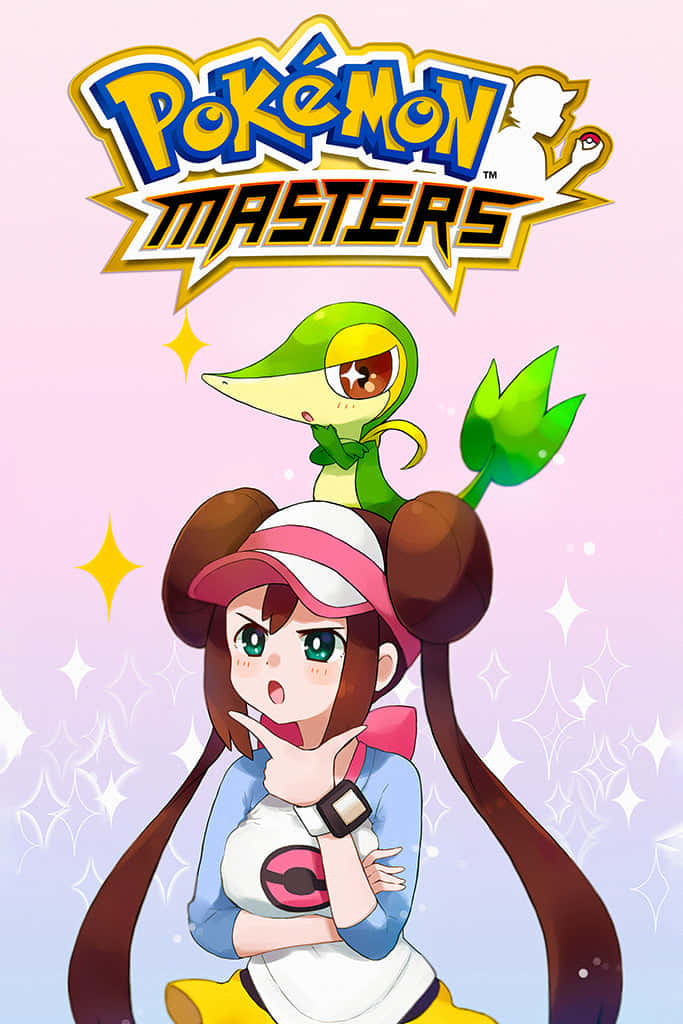 Pokemon Masters 桌布 壁紙 — 一個開心的動畫女孩，長長的棕色雙馬尾和粉紅色帽子，拿著一個精靈球，而一隻綠色的寶可夢棲息在她的頭上，背景是閃閃發光的粉彩色。