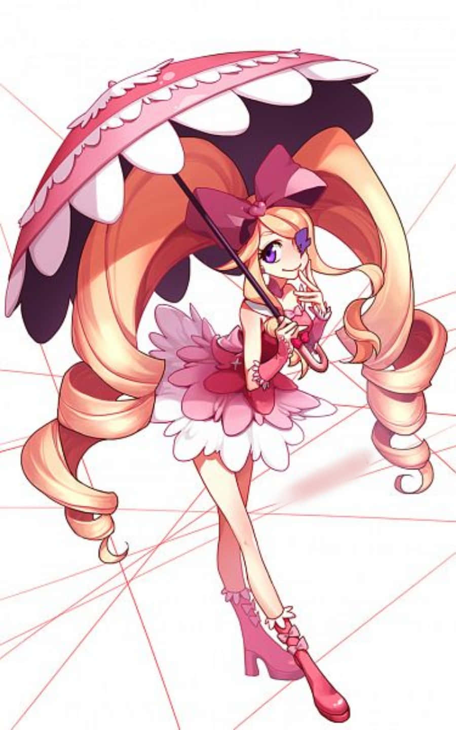 Nui Harime 桌布 壁紙 — 一個開心的動畫女孩，長長的橙色頭髮，拿著一把巨大的粉紅色花形雨傘，站在幾何網格上。