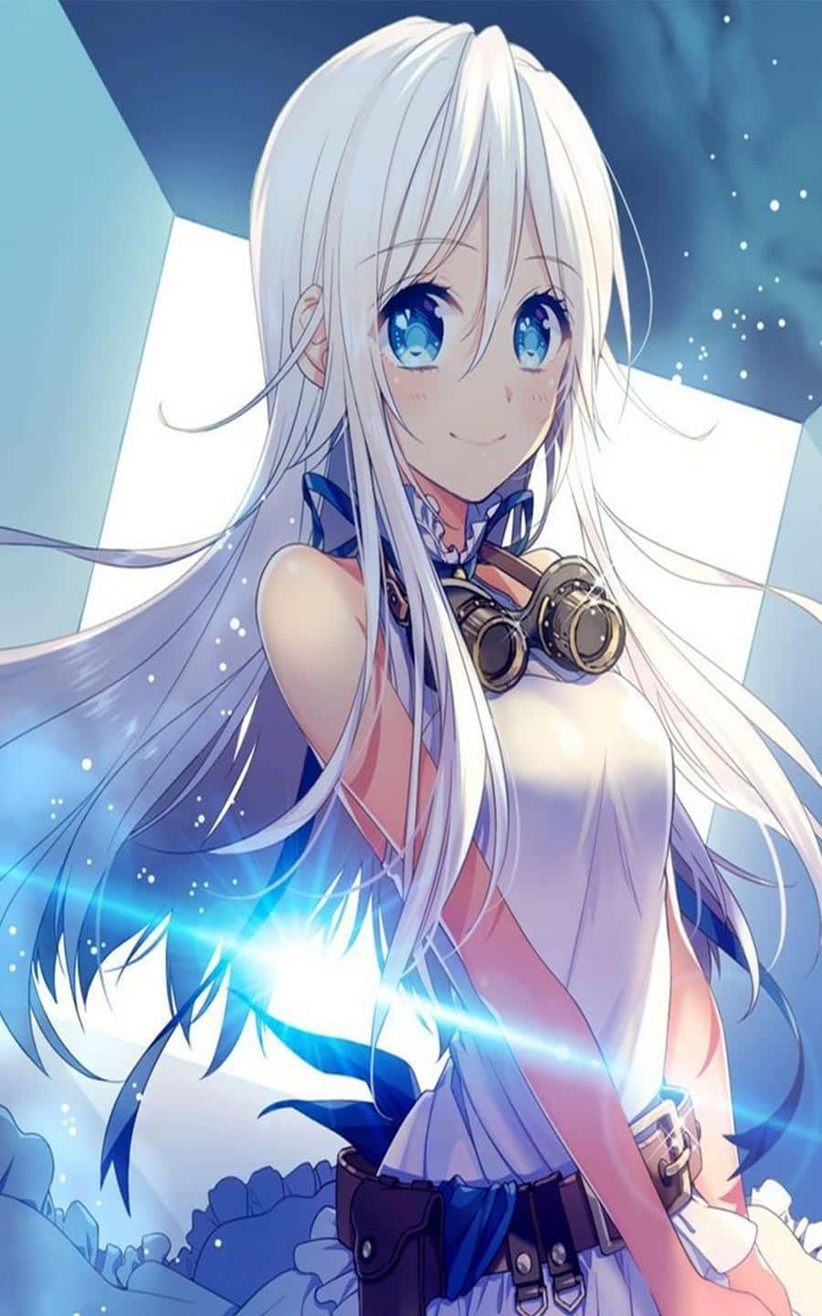動漫女孩 桌布 壁紙 — 一個開心的動畫女孩，長長的白髮和藍眼睛，戴著護目鏡微笑，一道發光的藍色光芒從她身邊掠過。