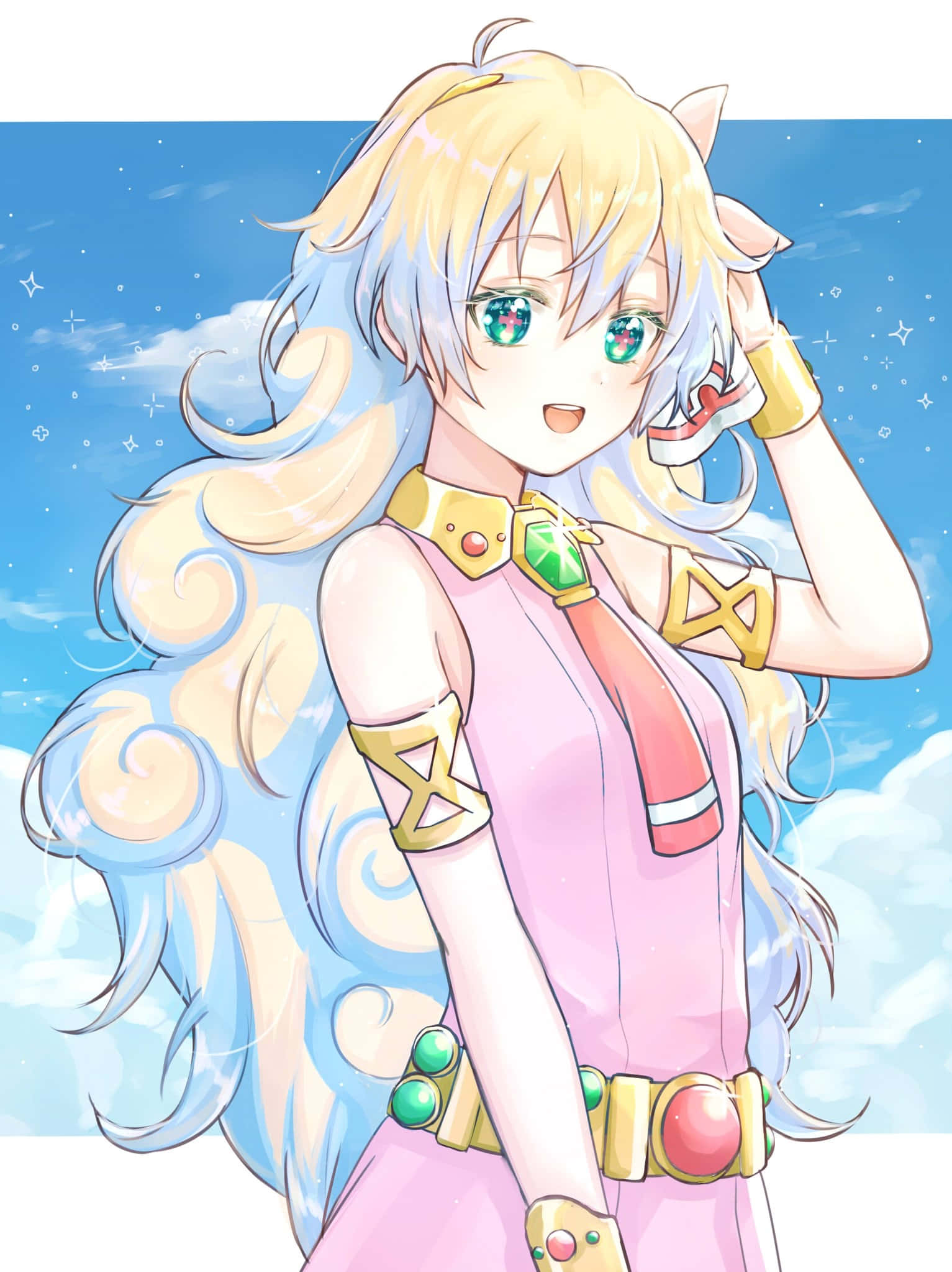 Nia Teppelin 桌布 壁紙 — 一個開心的動畫女孩，長長的金色頭髮和貓耳朵，在滿天星星的藍天和 fluffy 雲朵中微笑。