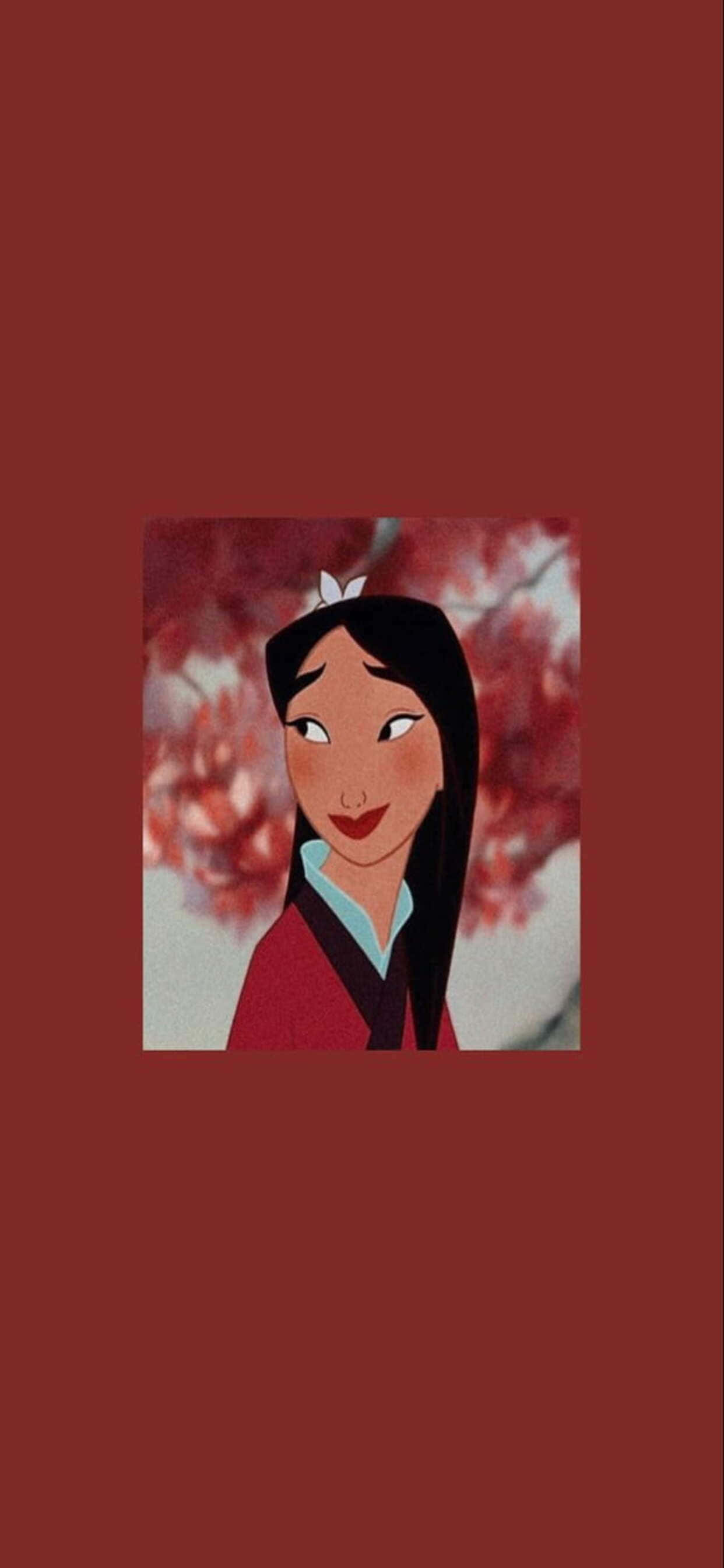 iPhone Xs Max Disney 桌布 壁紙 — 一個開心的動畫女孩，長長的黑髮和紅色上衣，在紅色盛開的樹枝背景下微笑。
