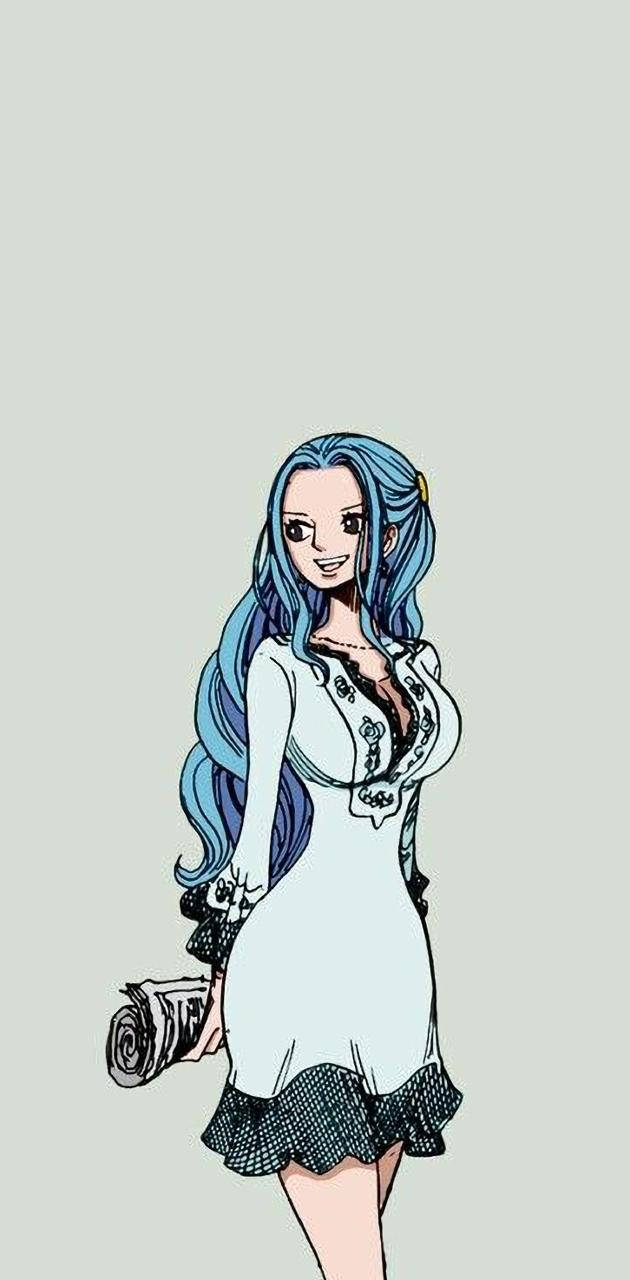 nefertari vivi 桌布 壁紙 — 一個開心的動畫女孩，長長藍色頭髮，穿著白色連衣裙，帶黑色蕾絲邊，手持一卷捲軸，背景是純灰色。