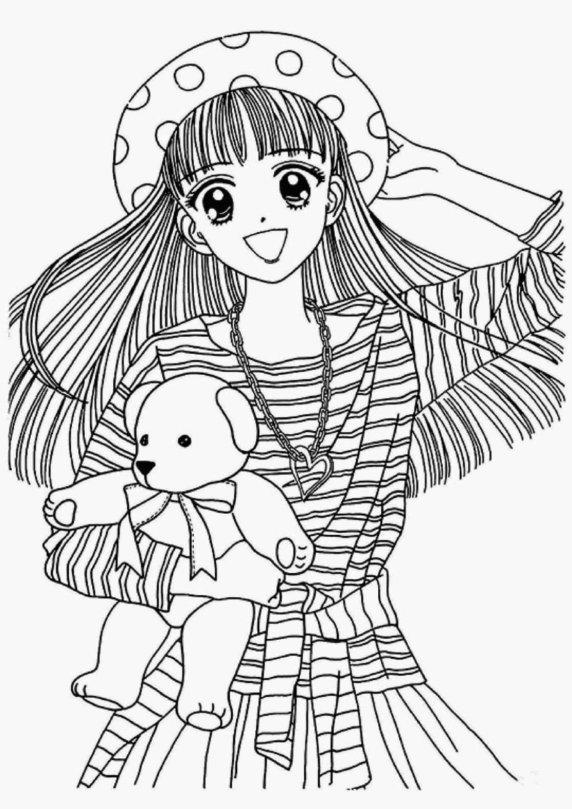 Anime Coloring 桌布 壁紙 — 一個開心的動畫女孩，長頭髮戴著波點帽，抱著一隻泰迪熊，露出燦爛的笑容。