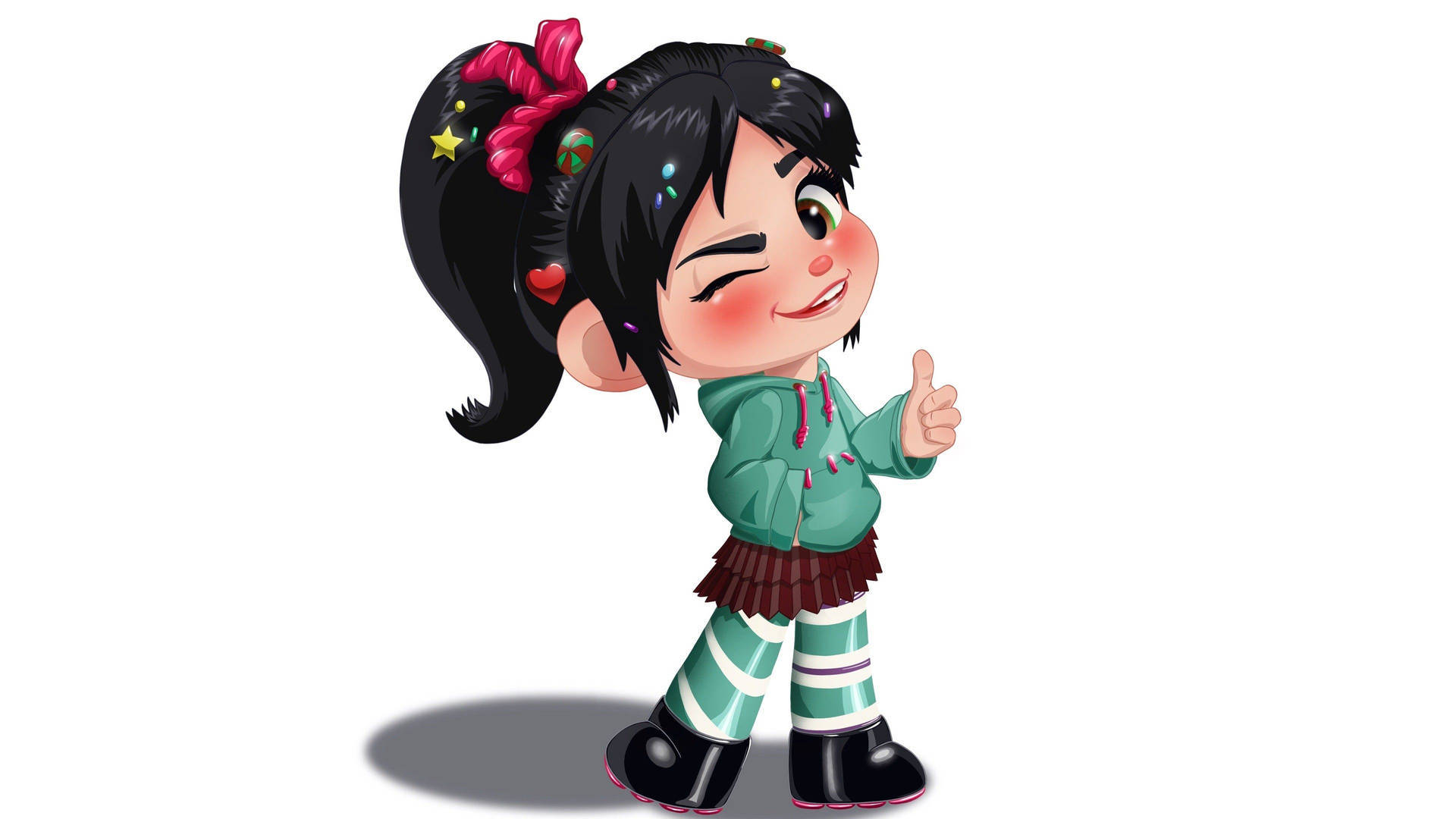 Animated 桌布 壁紙 — 一個開心的動畫女孩，黑色雙馬尾，穿著綠色連帽衫，眨眼並豎起大拇指。