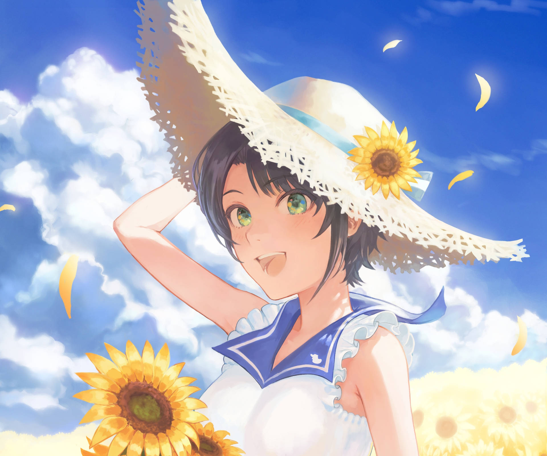 動畫女孩在向日葵田戴草帽向觀眾微笑 — 夏季 GIF 壁紙