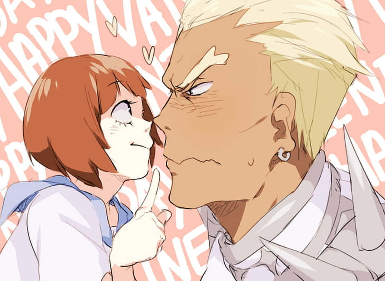 Ira Gamagoori 桌布 壁紙 — 一個開心的動畫女孩在粉紅色「HAPPY VALENTINE」背景前眨眼並指向一個脾氣暴躁的金髮男人。