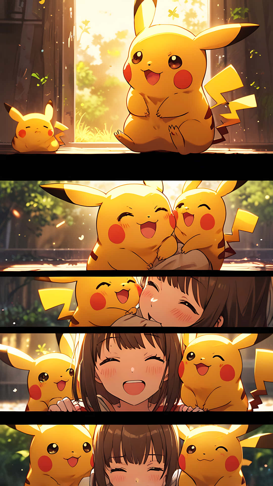 Pikachu's Heartwarming Expressions - A Journey of Cuteness. smartphone wallpaper 壁紙 — 一個開心的動畫女孩在陽光明媚的森林空地上與多隻皮卡丘分享溫暖的擁抱。