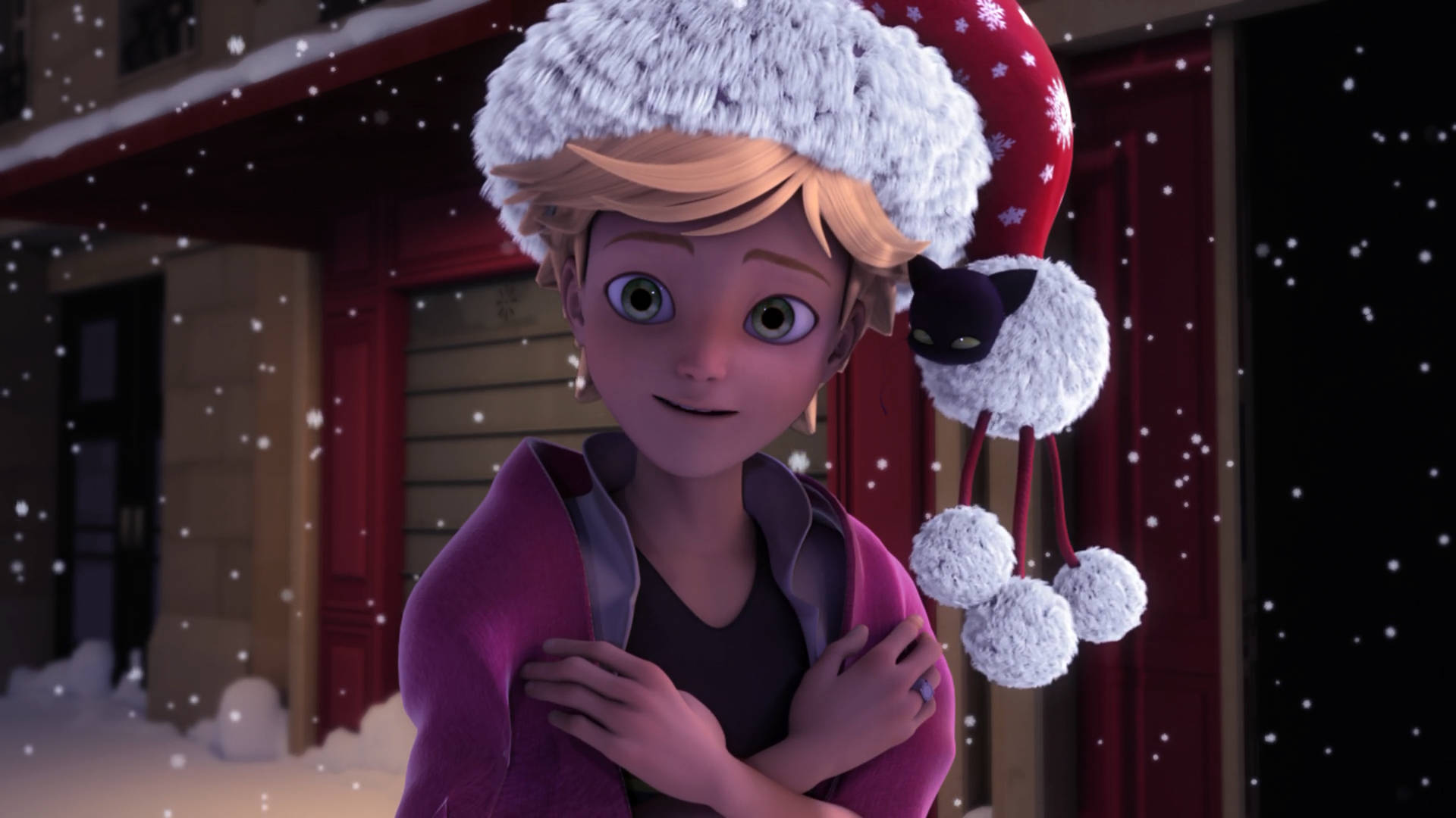 Adrien 桌布 壁紙 — 一個開心的動畫女孩在雪白的冬日場景中，戴著一頂帶有黑色貓咪玩偶的節日聖誕帽，溫暖地擁抱自己。