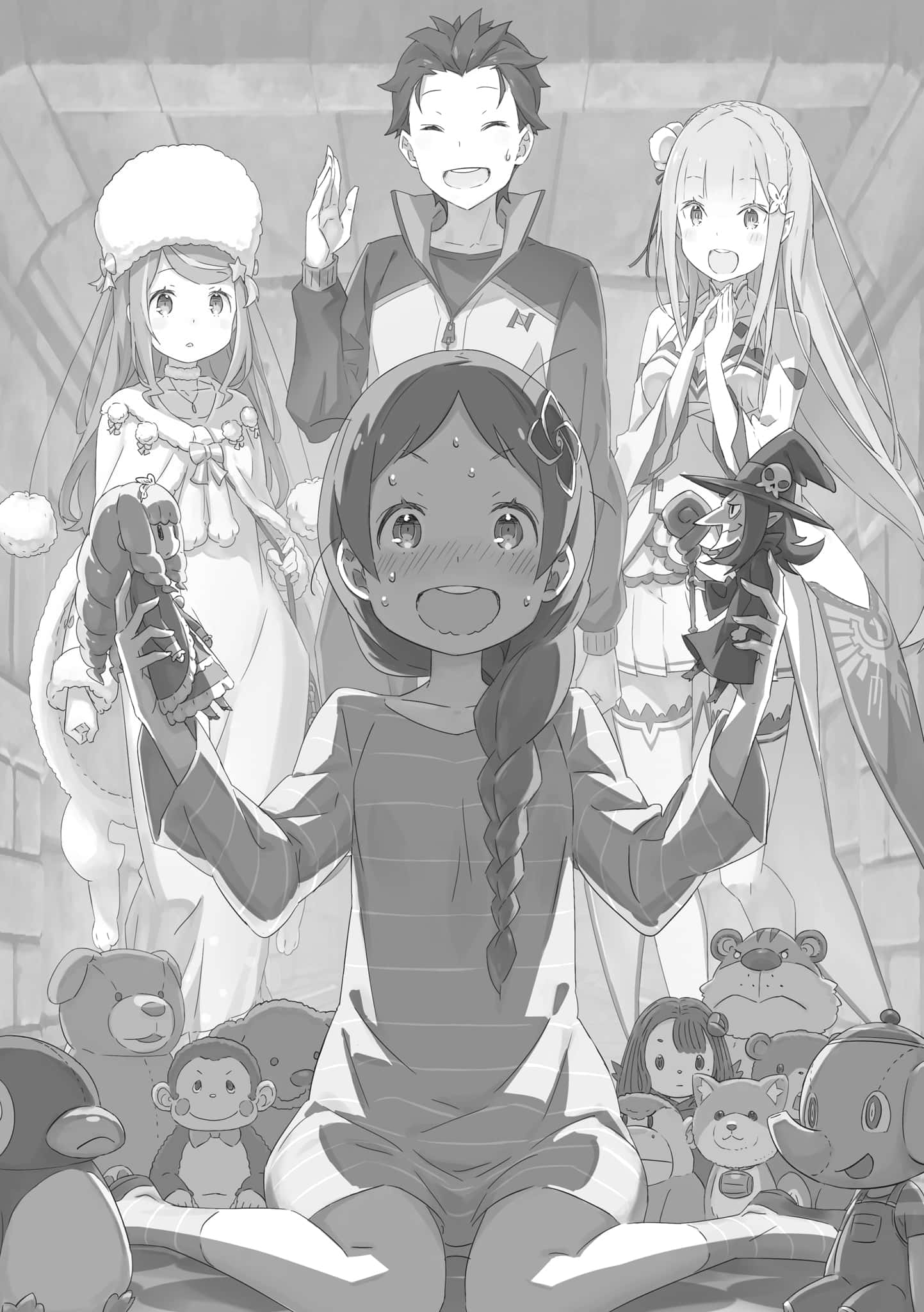 Meili Portroute 桌布 壁紙 — 一個開心的動畫女孩坐在毛絨玩具中間，另外三個動畫角色在她身後微笑，場景為單色。