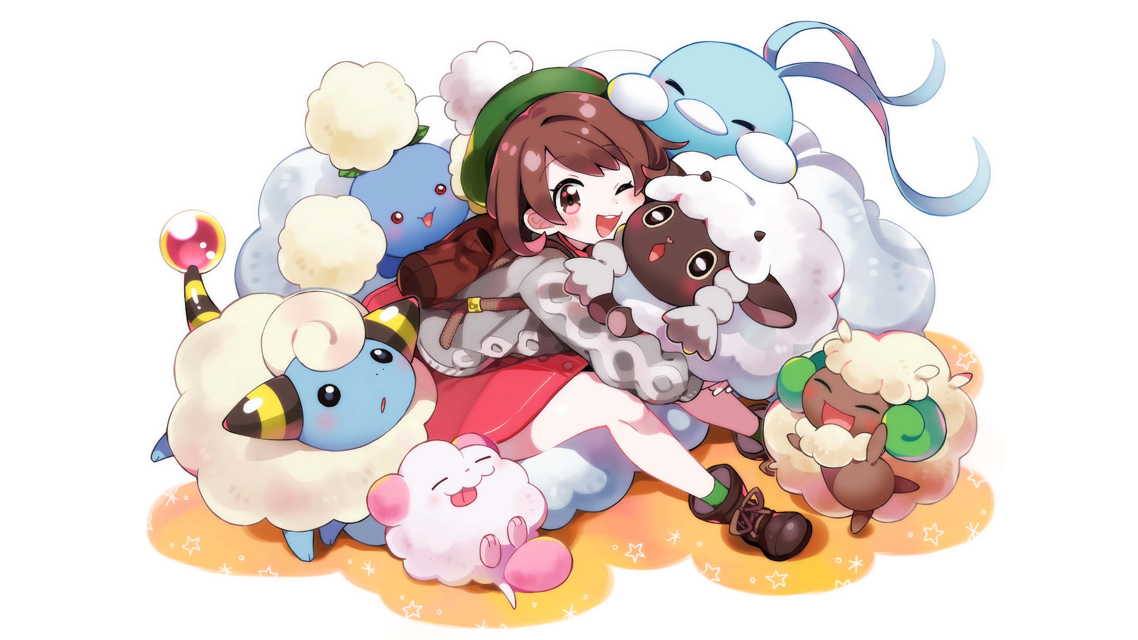 Wooloo 桌布 壁紙 — 一個開心的動畫女孩擁抱毛茸茸的羊形寶可夢，周圍是可愛的雲朵生物，站在星光閃閃的橙色地面上。