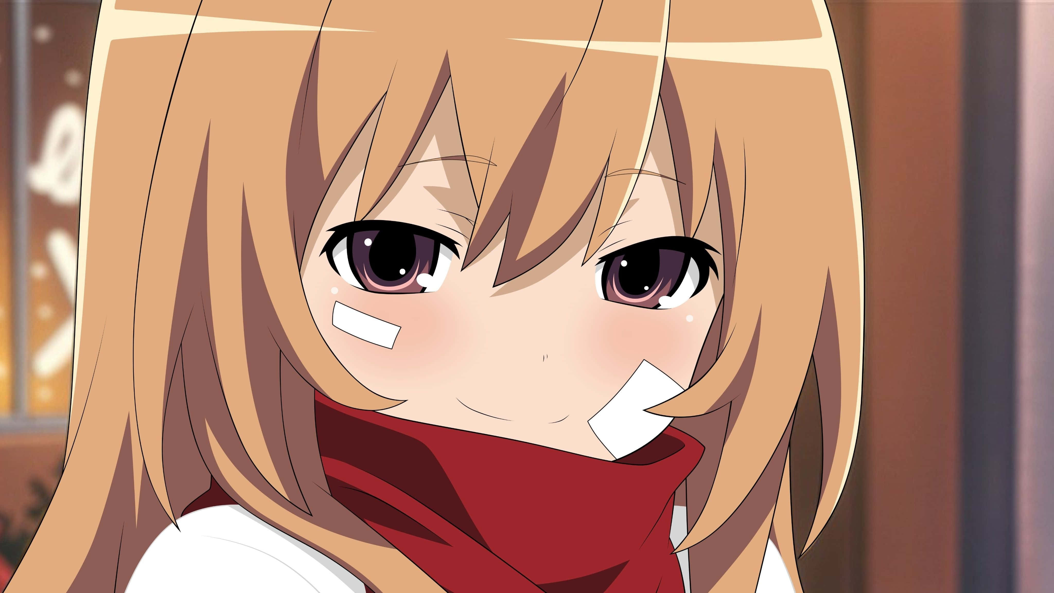 Toradora 桌布 壁紙 — 一個開心的動畫女孩特寫，金髮紫眼，戴著紅色圍巾，臉頰上有白色膠帶。
