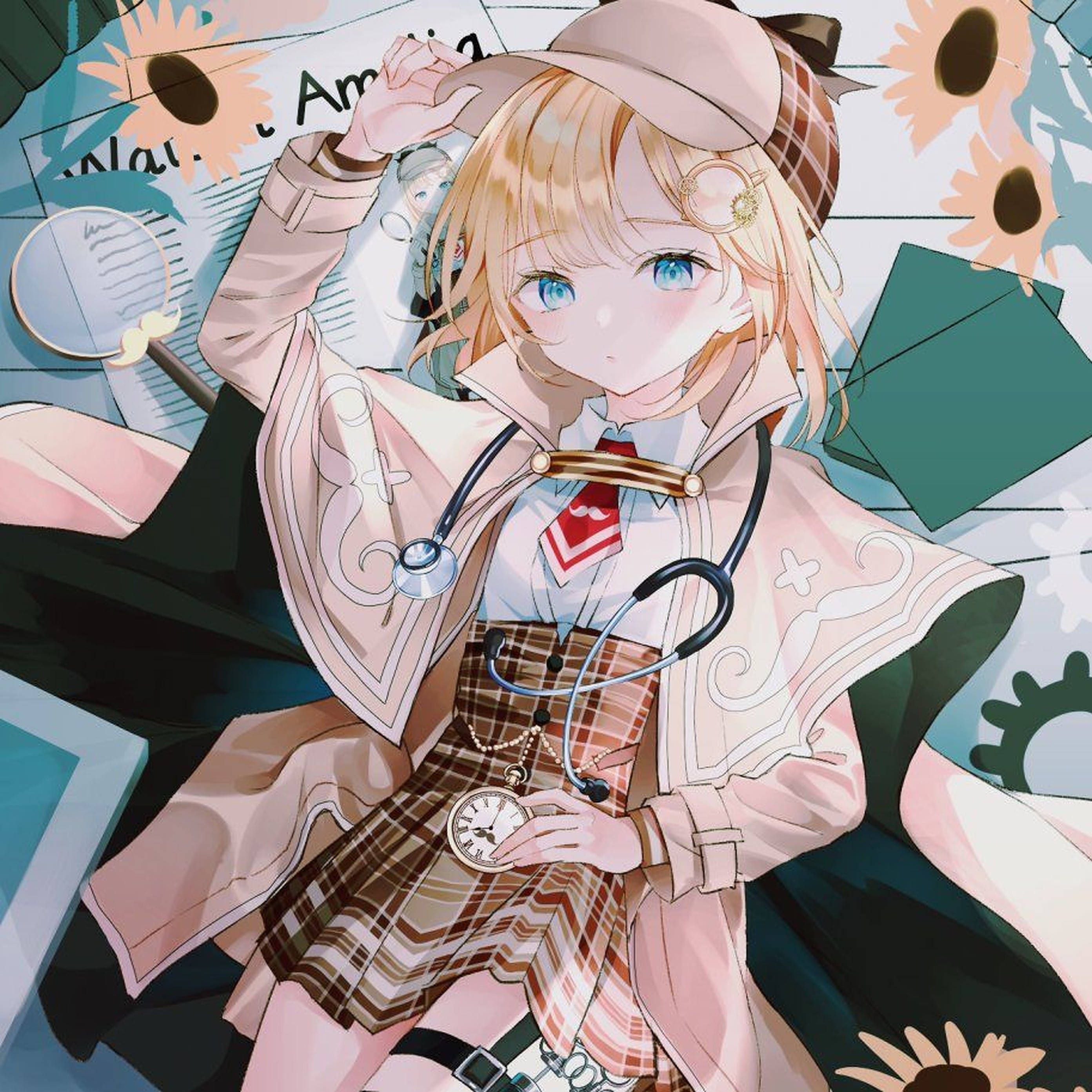 Amelia 桌布 壁紙 — 一個開心的動畫女孩穿著偵探服裝，拿著放大鏡和懷錶，周圍環繞著向日葵和紙張。