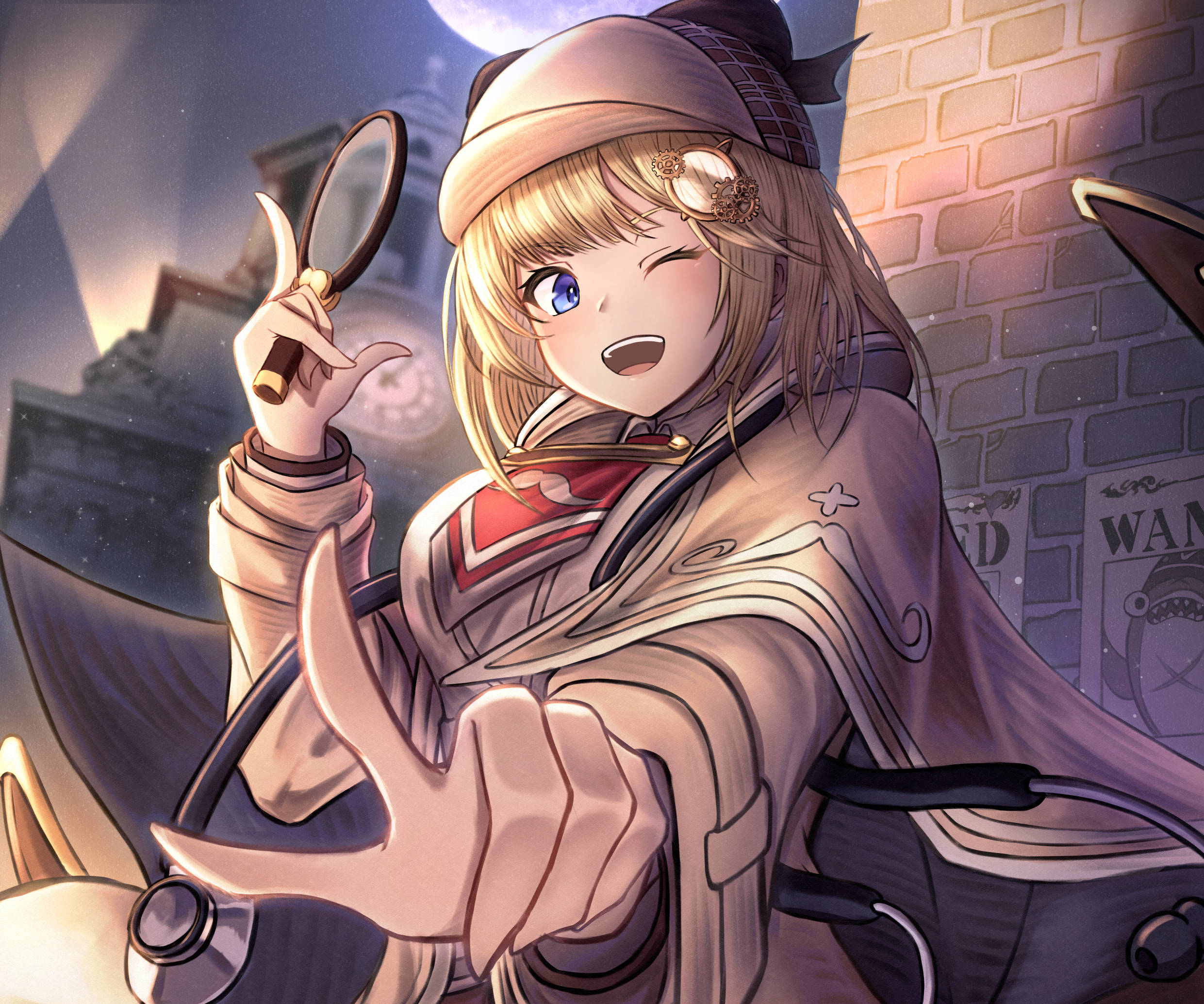 Amelia 桌布 壁紙 — 一個開心的動畫女孩穿著偵探服裝，在磚牆背景下拿著放大鏡眨眼。