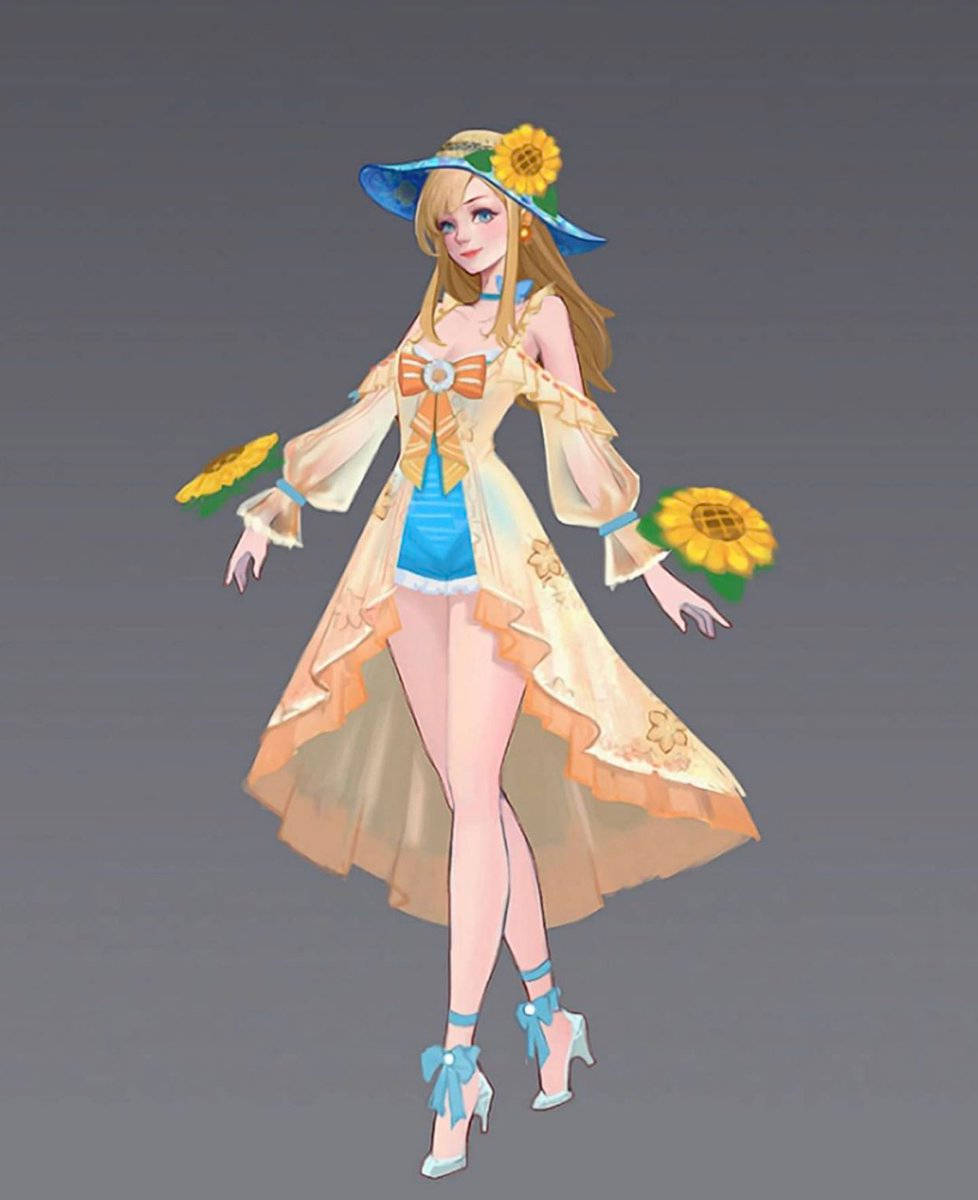 Guinevere 桌布 壁紙 — 一個開心的動畫女孩穿著向日葵主題服裝，戴著藍色帽子和高跟鞋，手持向日葵。