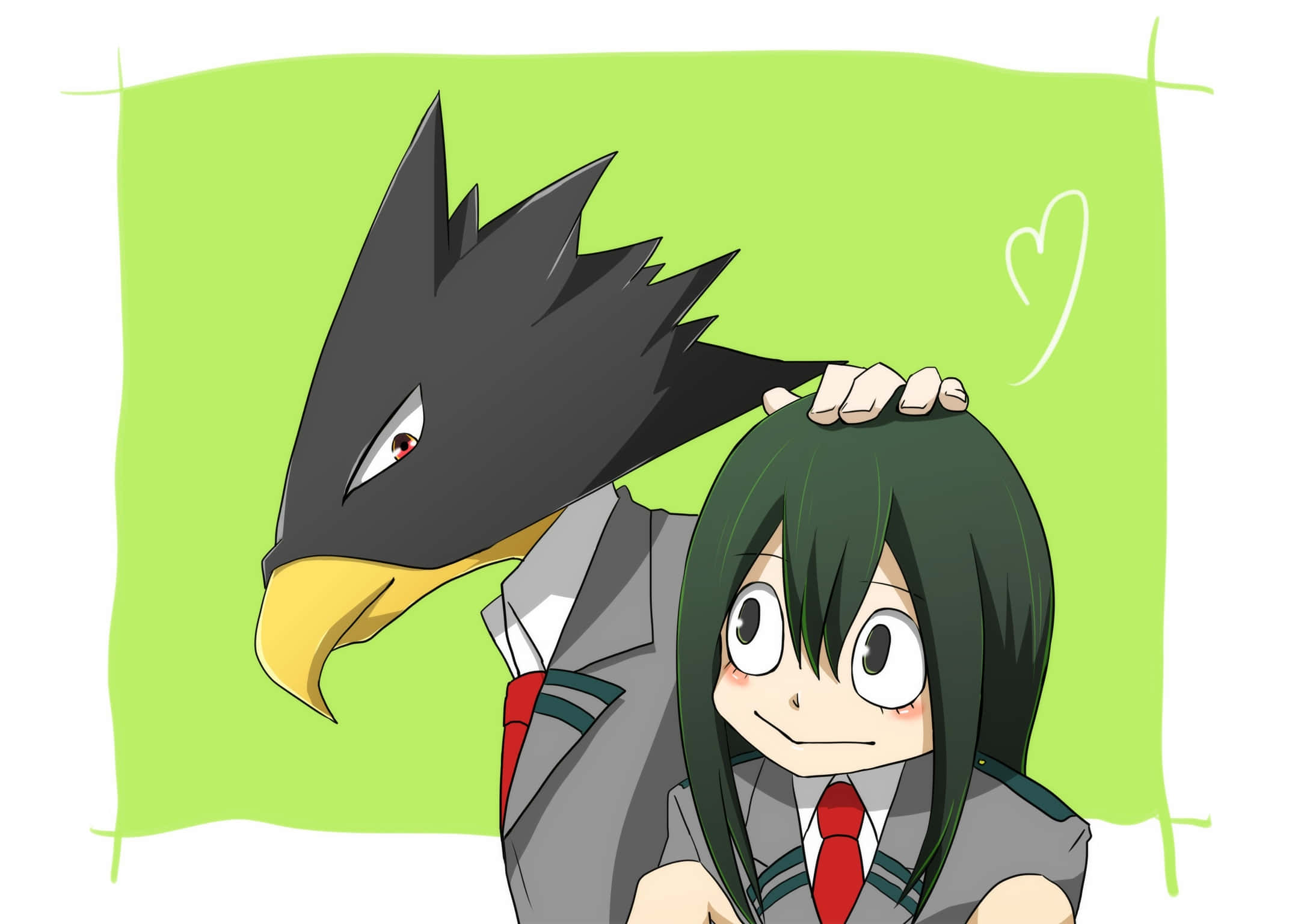 Fumikage Tokoyami 桌布 壁紙 — 一個開心的動畫女孩穿著校服，被一隻有黃色喙的大鳥狀生物親切地摸頭。