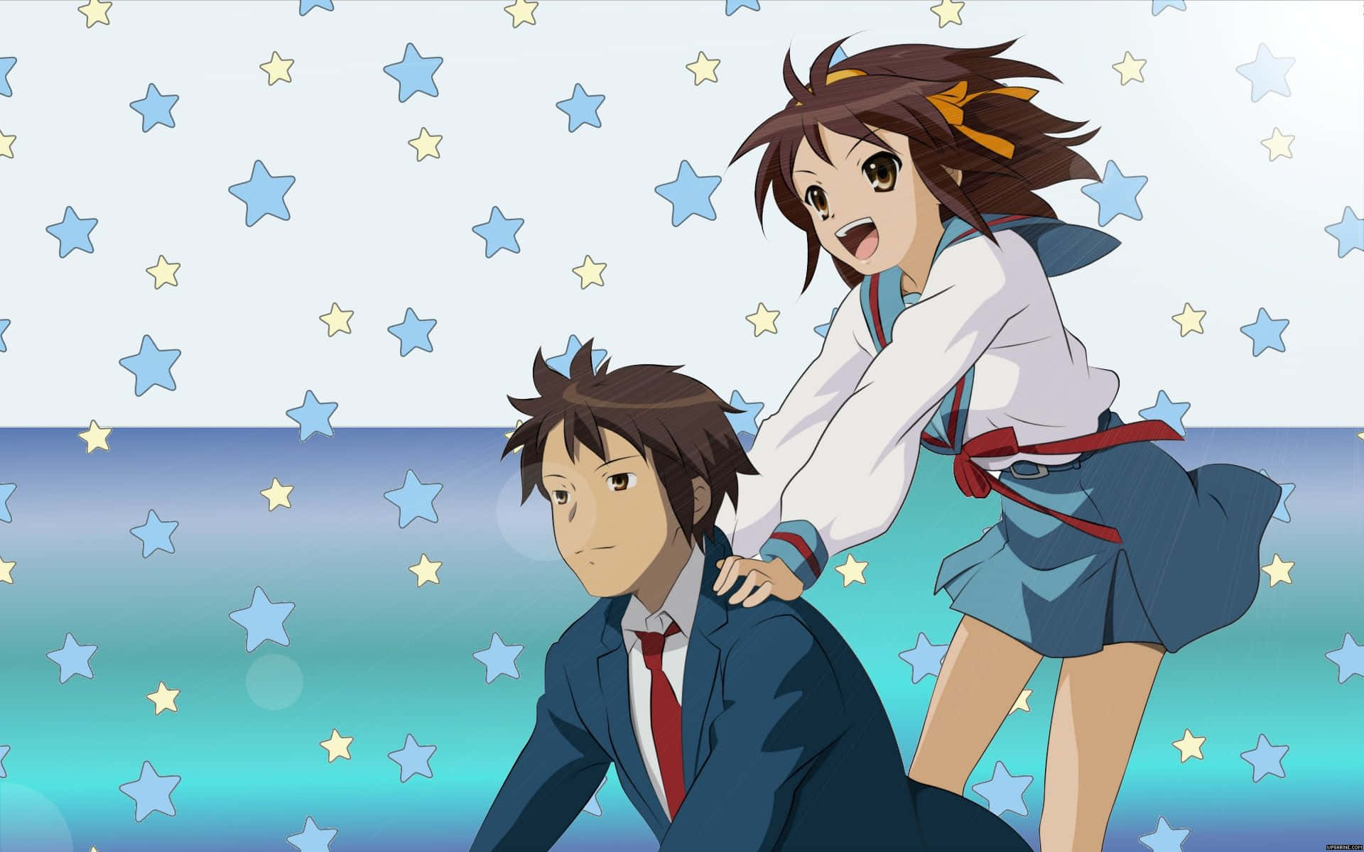 Kyon 桌布 壁紙 — 一個開心的動畫女孩穿著校服，調皮地跳向一個穿西裝的男孩，背景是星空。