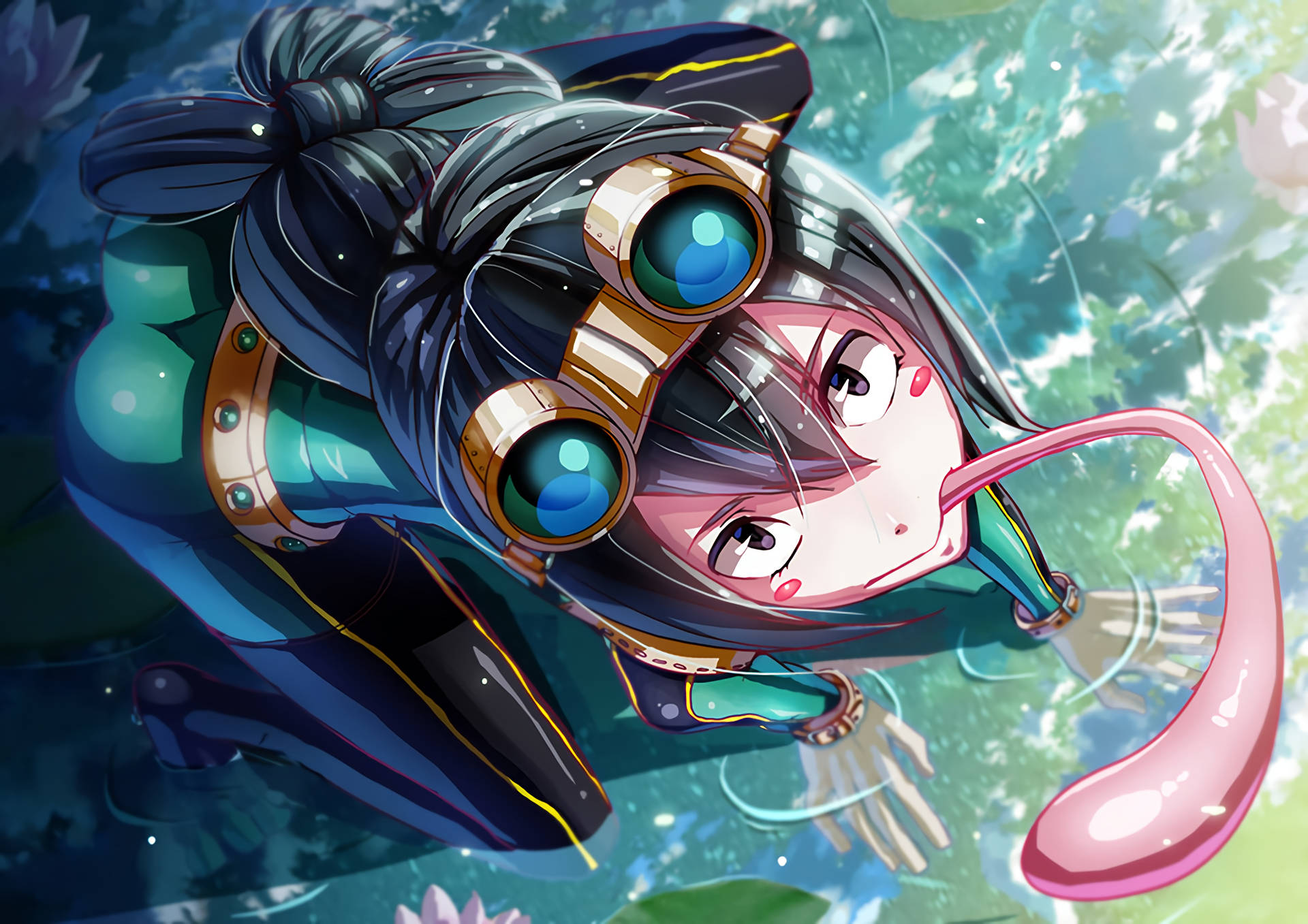 Froppy 桌布 壁紙 — 一個開心的動畫女孩穿著潛水衣，戴著護目鏡和粉紅色尾巴，在發光的水生植物中游泳。